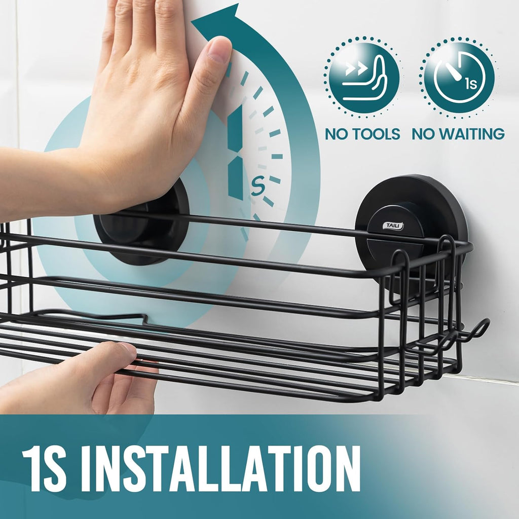 TAILI 2 Pack Rustproof Suction Shower Caddy, Stainless Steel Suction Cup Shower Caddy Bathroom Shelves No Drilling Heavy Duty Holder Removable Powerful Bathroom for Shampoo Toiletries Kitchen, Black