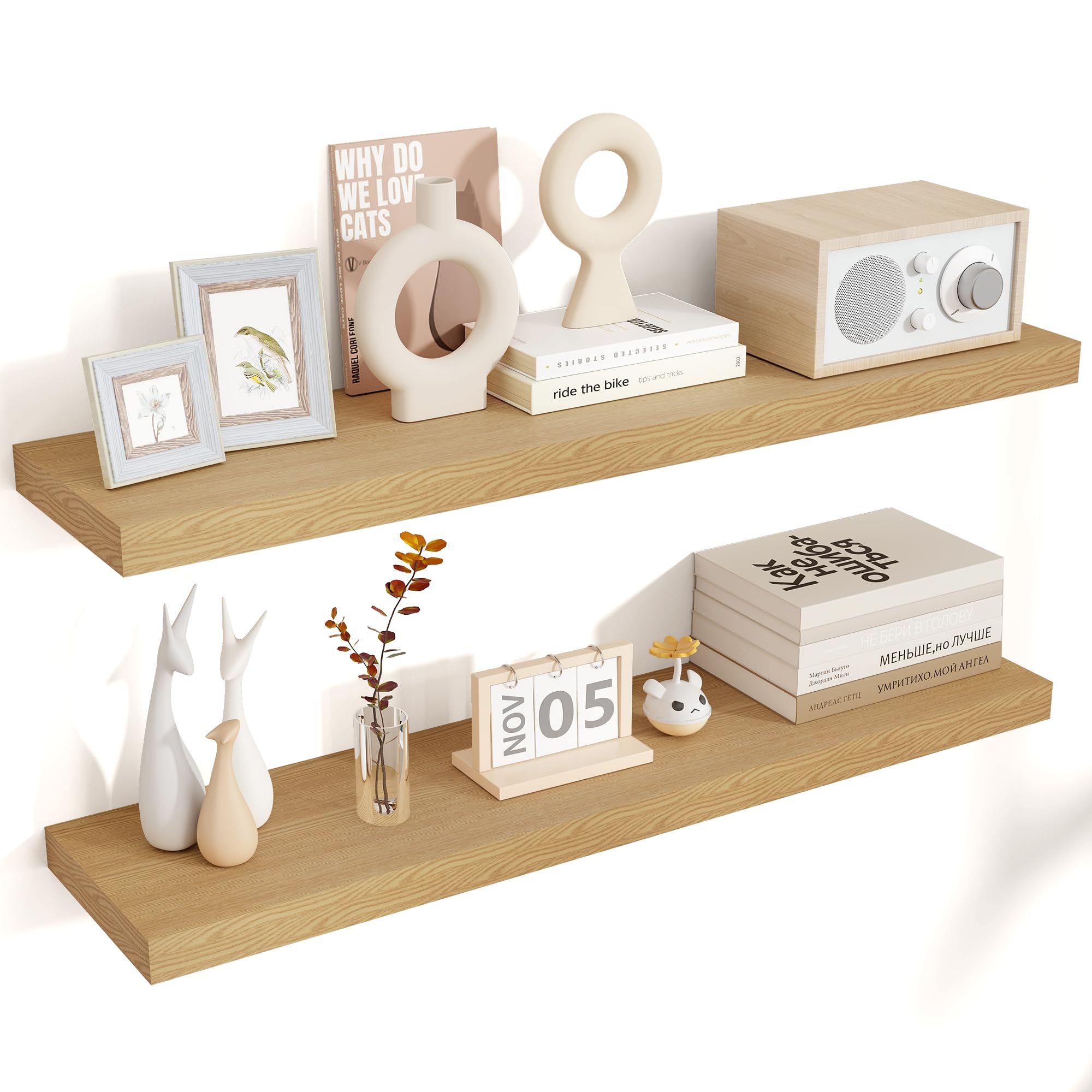 Venusmiles Floating Shelves for Wall 24 inch Long, Engineered Wood Wall Shelves with Invisible Brackets for Living Room Bedroom Bathroom Office Kitchen Decor and Storage, Oak Finish, Set of 2