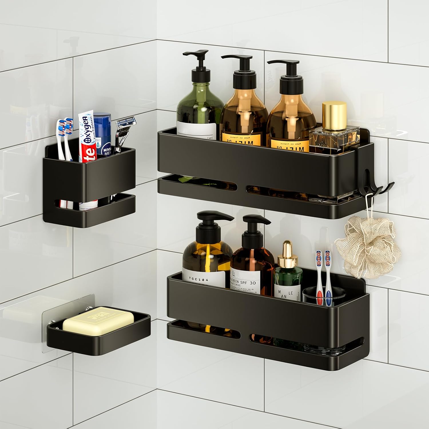 5-Piece Black No-Drill Wall Storage Rack with Soap Dish & Toothbrush Holder, Multi-use for Bathroom Kitchen
