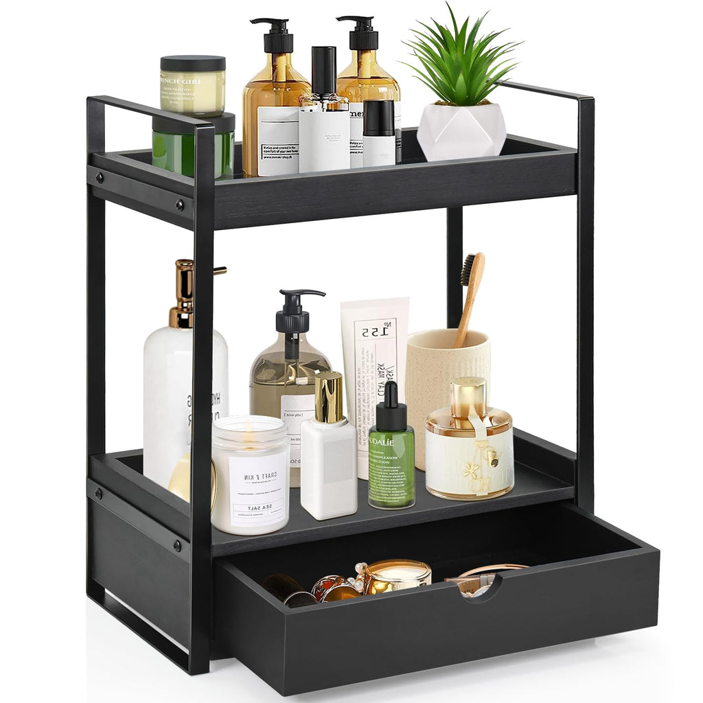 2-Tier Bathroom Organizer Countertop With Drawer, Wood Counter Shelf for Storage, Vanity Tray for Organization and Decor, Countertop Organizer for Kitchen, Office (Brown)
