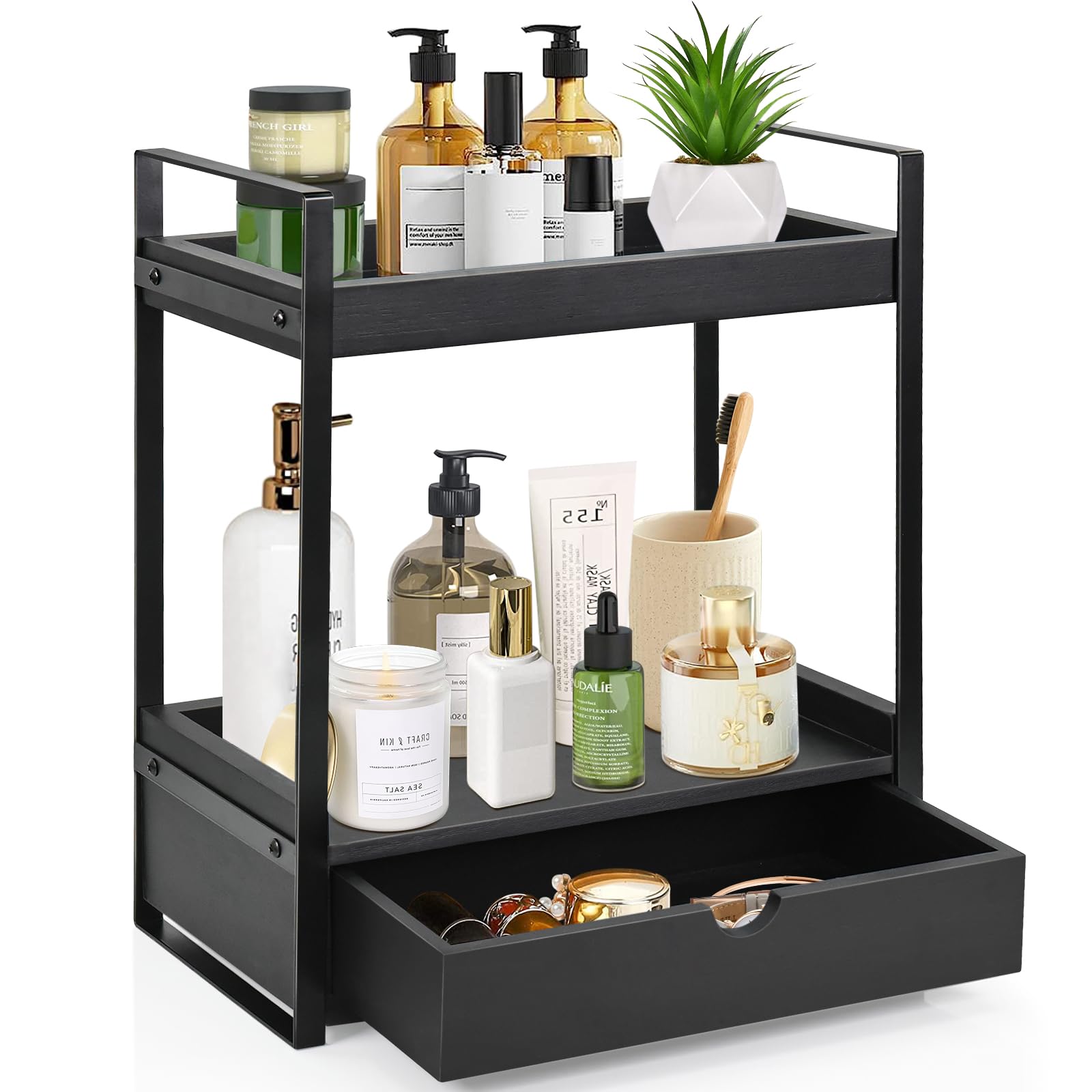 2-Tier Bathroom Organizer Countertop With Drawer, Wood Counter Shelf for Storage, Vanity Tray for Organization and Decor, Countertop Organizer for Kitchen, Office (Brown)