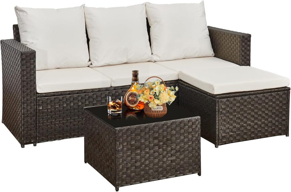 3-Piece Rattan Garden Furniture Set, Outdoor Sectional Sofa with Coffee Table, Black Wicker, White Cushions