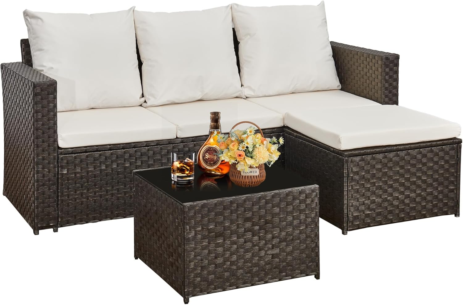 3-Piece Rattan Garden Furniture Set, Outdoor Sectional Sofa with Coffee Table, Black Wicker, White Cushions