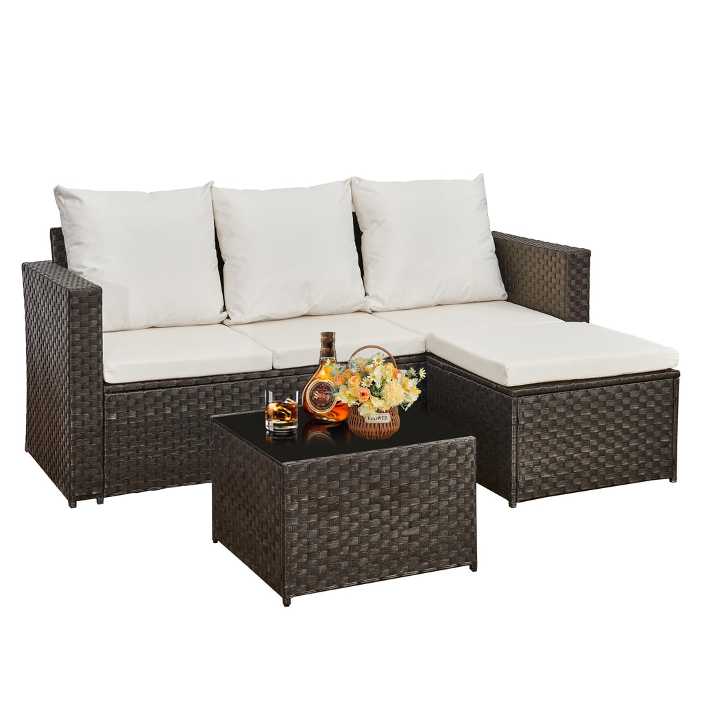 3-Piece Rattan Garden Furniture Set, Outdoor Sectional Sofa with Coffee Table, Black Wicker, White Cushions