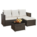 3-Piece Rattan Garden Furniture Set, Outdoor Sectional Sofa with Coffee Table, Black Wicker, White Cushions