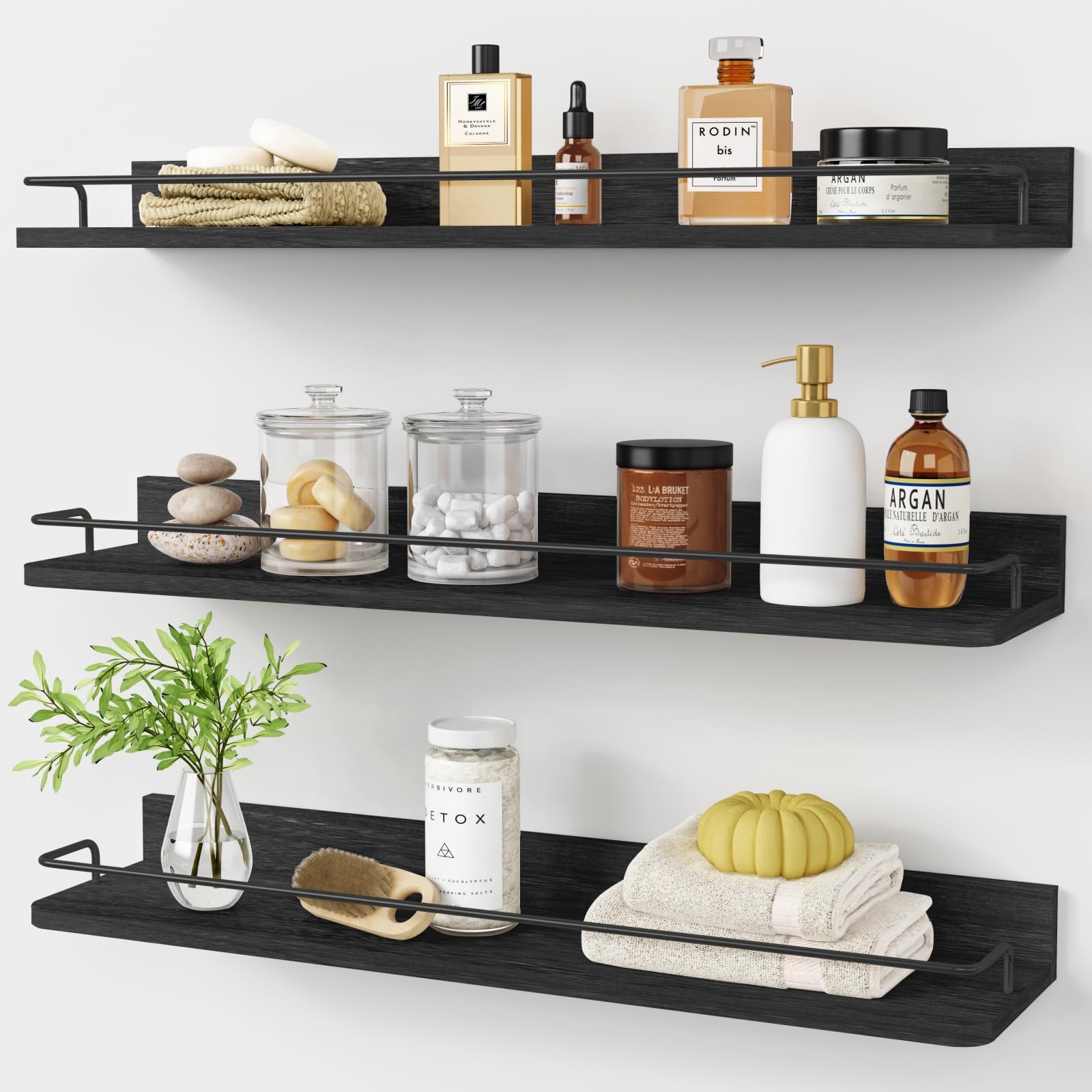 24 Inch White & Gold Floating Shelves, Set of 3 Wall Mount Shelves with Rail for Bathroom Bedroom Living Room