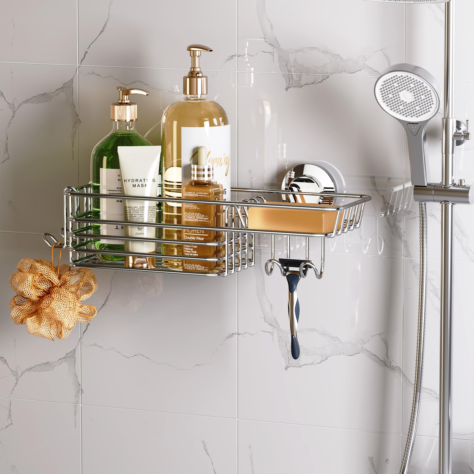 LEVERLOC Shower Caddy Suction Cup, 2 Pack Shower Shelves for Inside Shower with Hooks & Soap Holder, NO-Drilling Bathroom Shower Organizer, Rustproof Meatl Shower Holder Storage, Silver