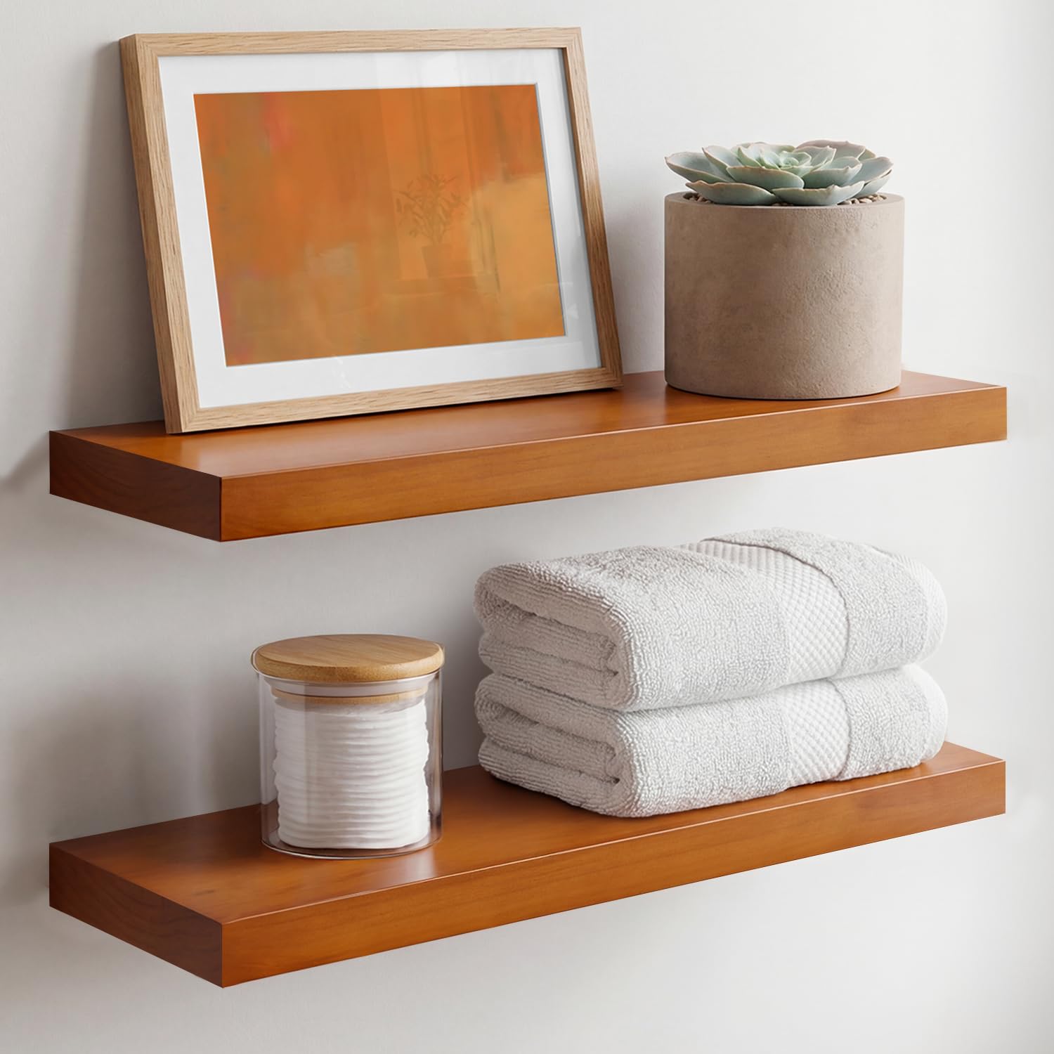 Homeforia White Floating Shelves 24 inch, High End Solid Real Wood 24inch Bathroom Floating Shelf for Wall Mounted, White Wooden 24in Floating Shelves, Heavy Duty Bracket, 24 X 6.5 X 1.75 in, Set of 2