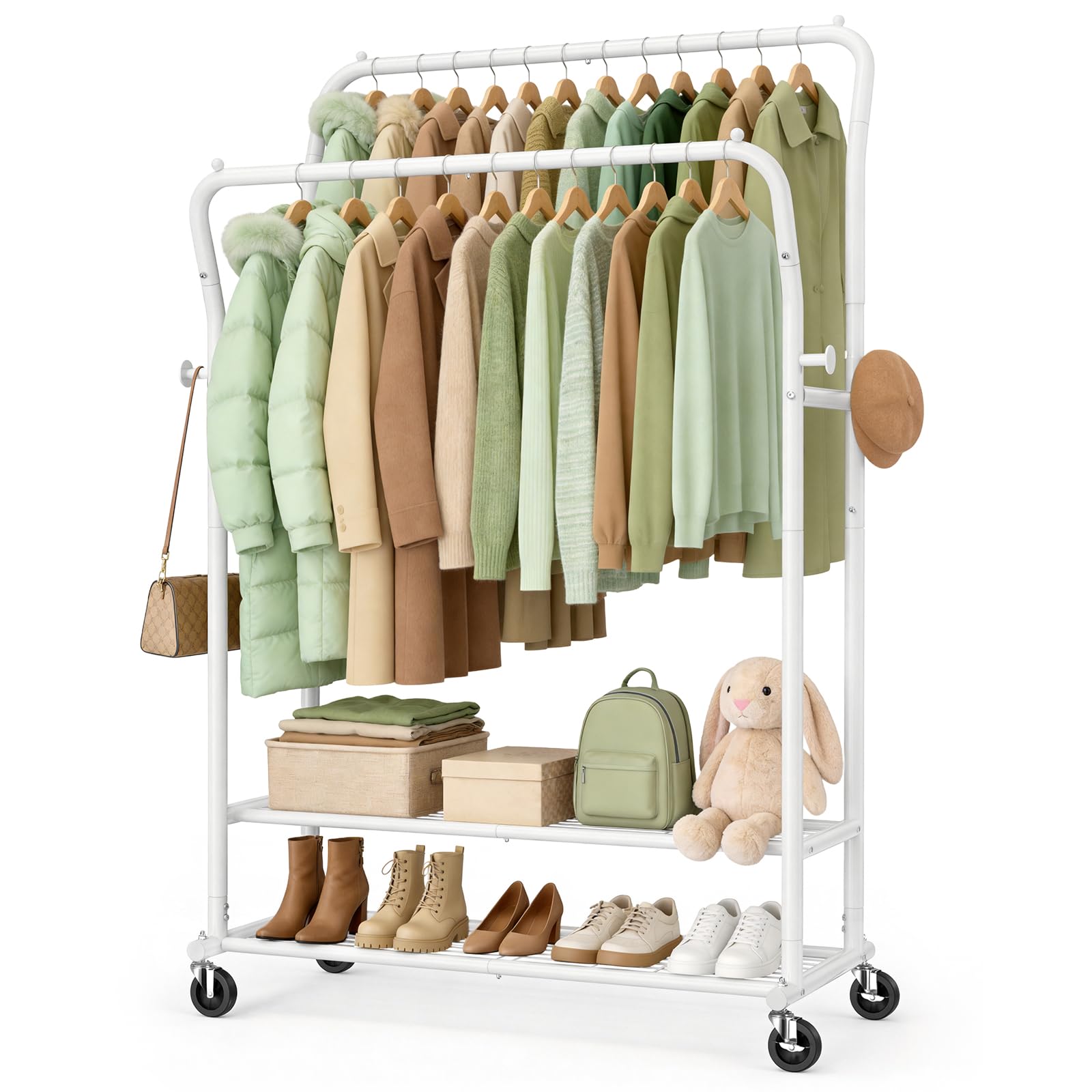 EAGMAK Heavy Duty Clothes Rail Load 378 kg, Double Rods Clothing Rails on Wheels, Height Adjustable Hanging Rack with Shelves & Coat Hooks, Portable Metal Standing Wardrobe for Bedroom Laundry, Black