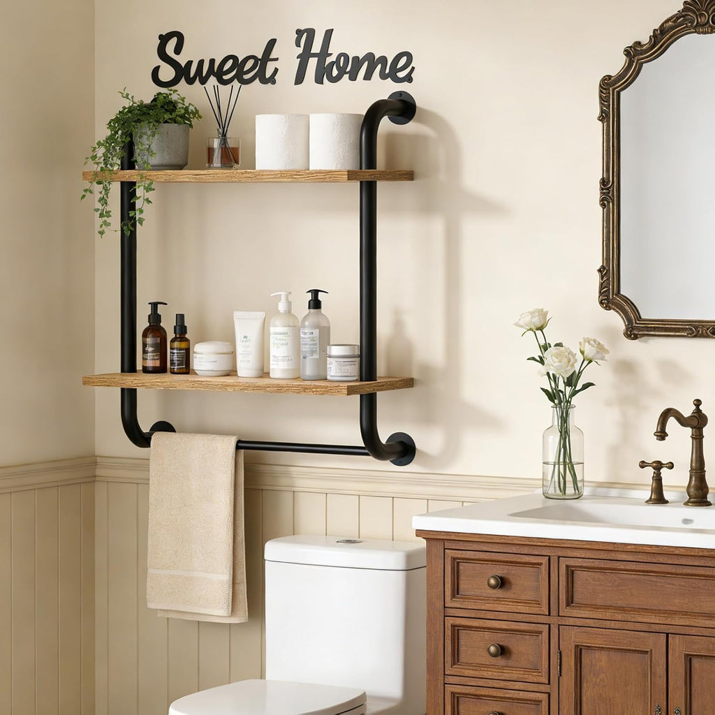 Tinpin Bathroom Shelves Wall Mounted, Rustic Farmhouse Pipe Shelves, 2-Tier, Industrial Shelving Over Toilet, Floating Shelf Decor for Bathroom, Kitchen, Bedroom, Living Room 17.3 inch