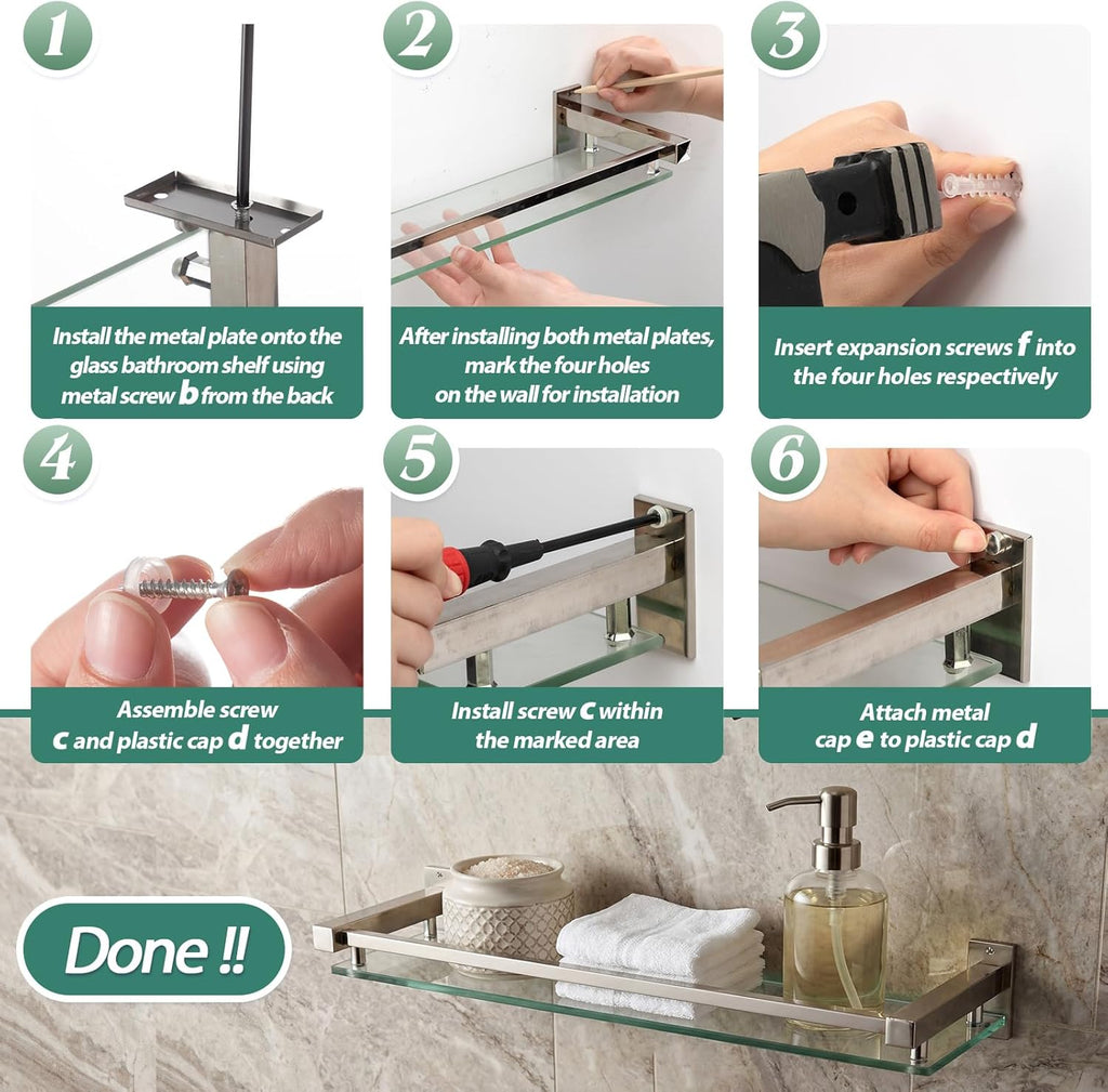 Cinnvoice 3 Pack 20 Inch Glass Bathroom Shelves for Wall, Wall Mount Glass Shelves with Stainless Steel Rail, Modern Floating Bathroom Shelf Organizer, Rectangular Room Decor for Sink, Over Toilet