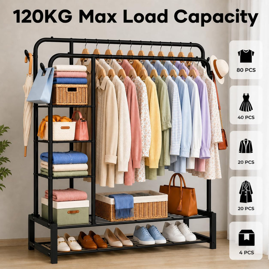 Heavy Duty Clothes Rail for Bedroom, Double Hanging Rail Metal Clothing Rail with 3 Side Shelves and 4 Coat Hooks, Freestanding Clothes Rack for Bedroom, Living Room 120kg (Black)