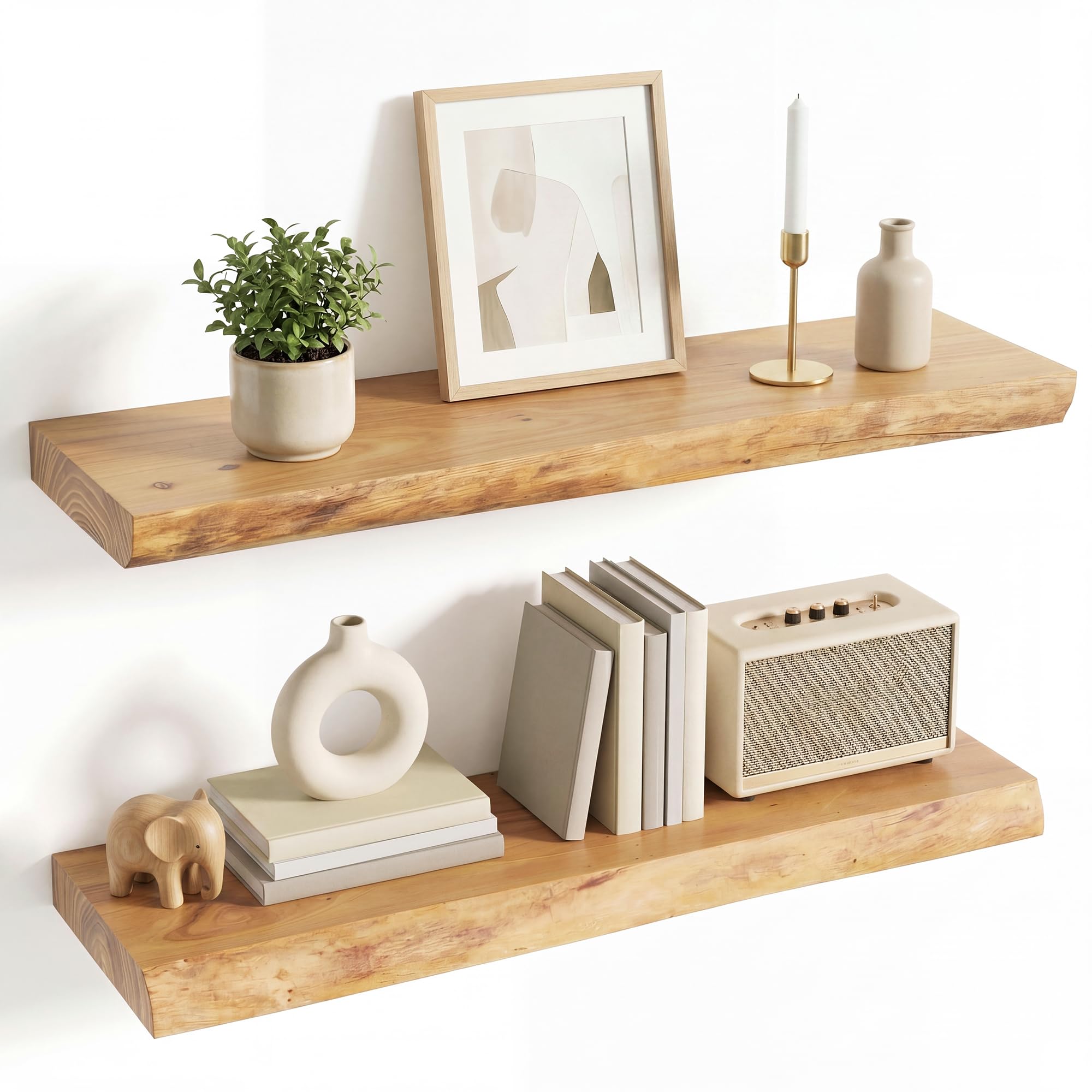 Live Edge Floating Shelves for Wall Decor, Solid Elm Wood Floating Shelves Wall Mounted, Rustic Wall Shelves with Invisible Bracket for Living Room Bathroom Bedroom Kitchen, 24 Inch Set of 2, Natural