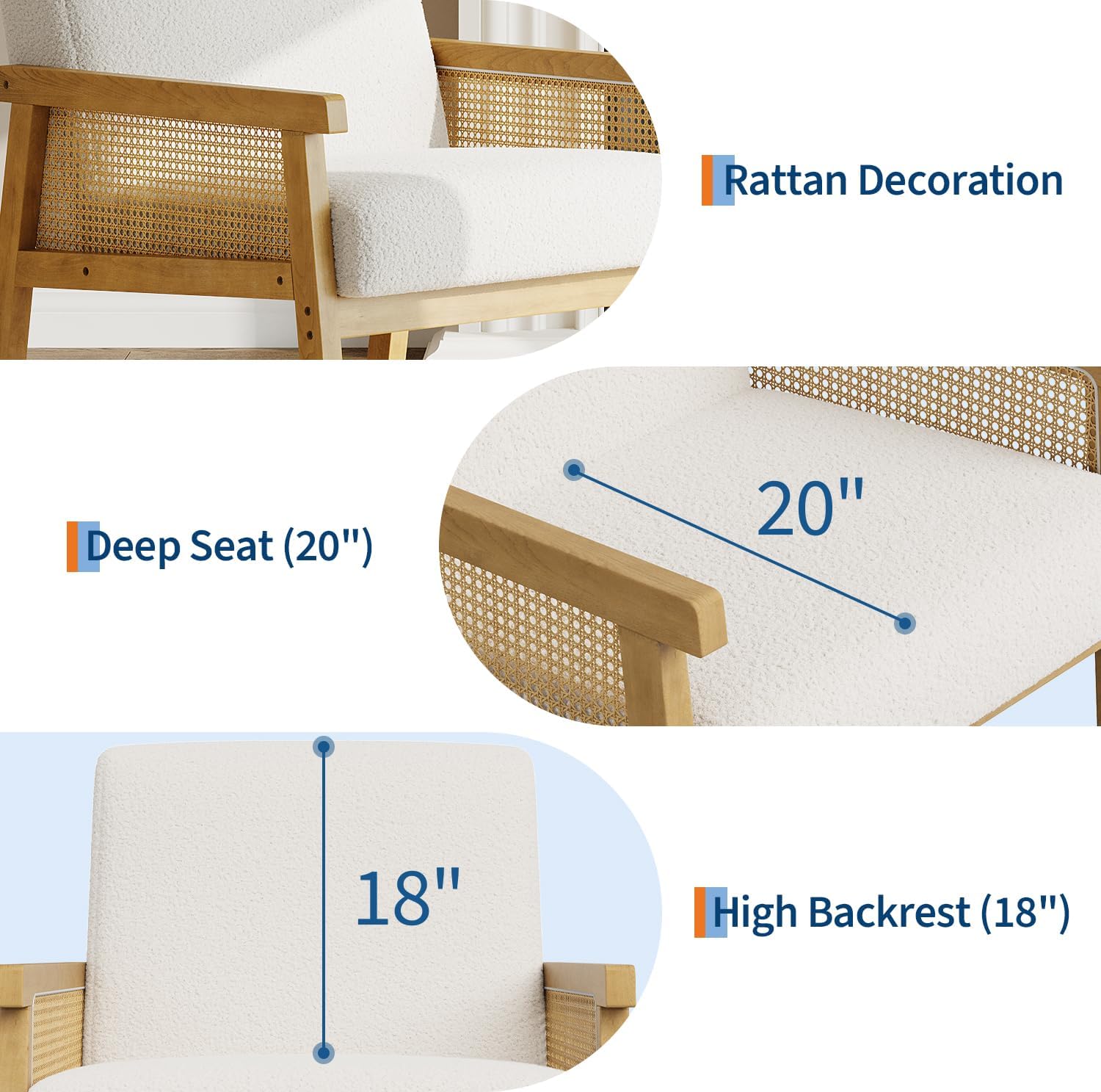 Boucle Fabric Accent Chair with Rattan Sides, Modern Living Room Armchair High Back Upholstered Reading Chair with Wide Arm, Fabric Lounge Single Sofa for Bedroom Guest Room