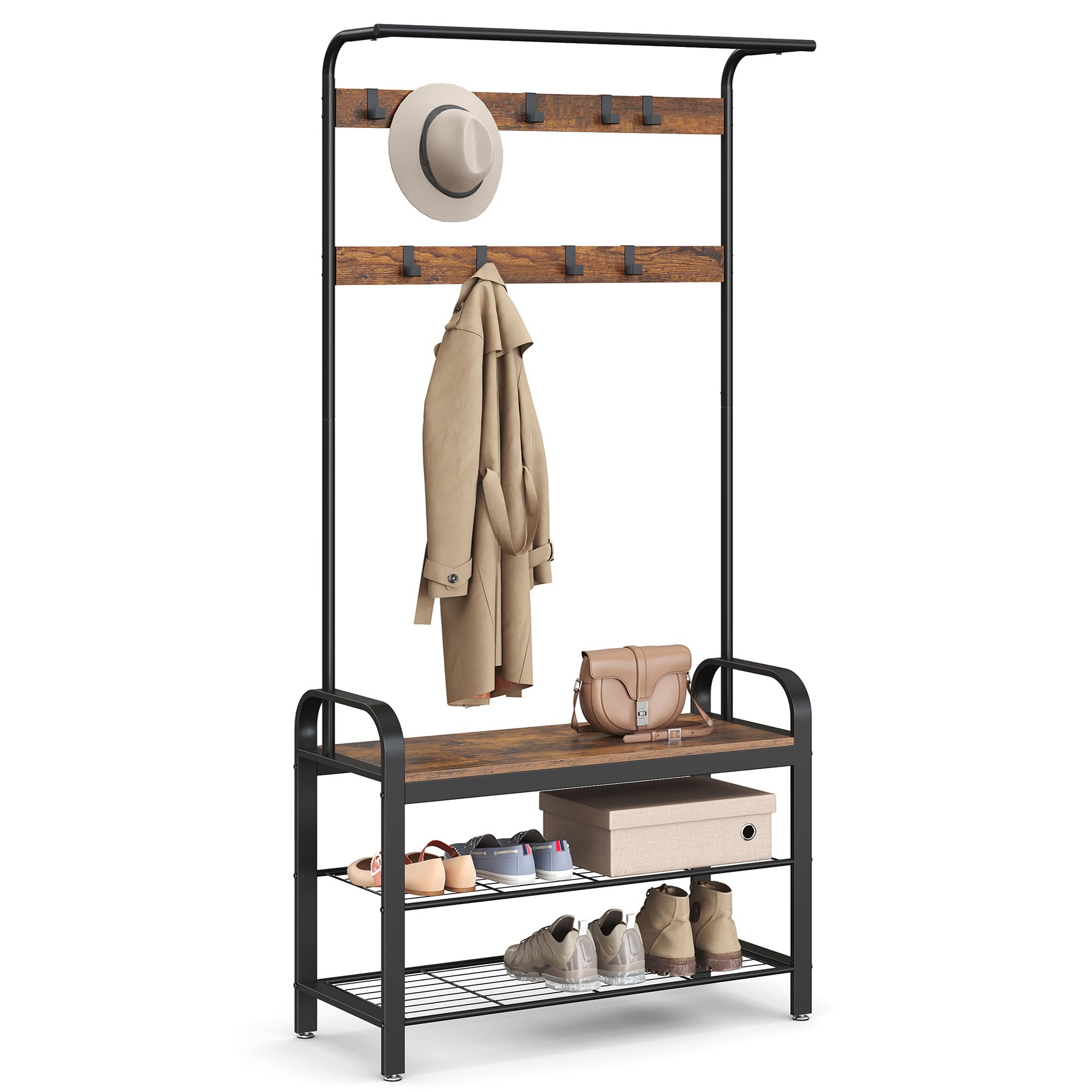 VASAGLE Coat Rack, Coat Stand with Shoe Storage Bench, 4-in-1 Design, with 9 Removable Hooks, a Clothes Rail, for Hallway, Entrance, 34 x 72 x 183 cm, Industrial, Camel Brown and Ink Black HSR040K02