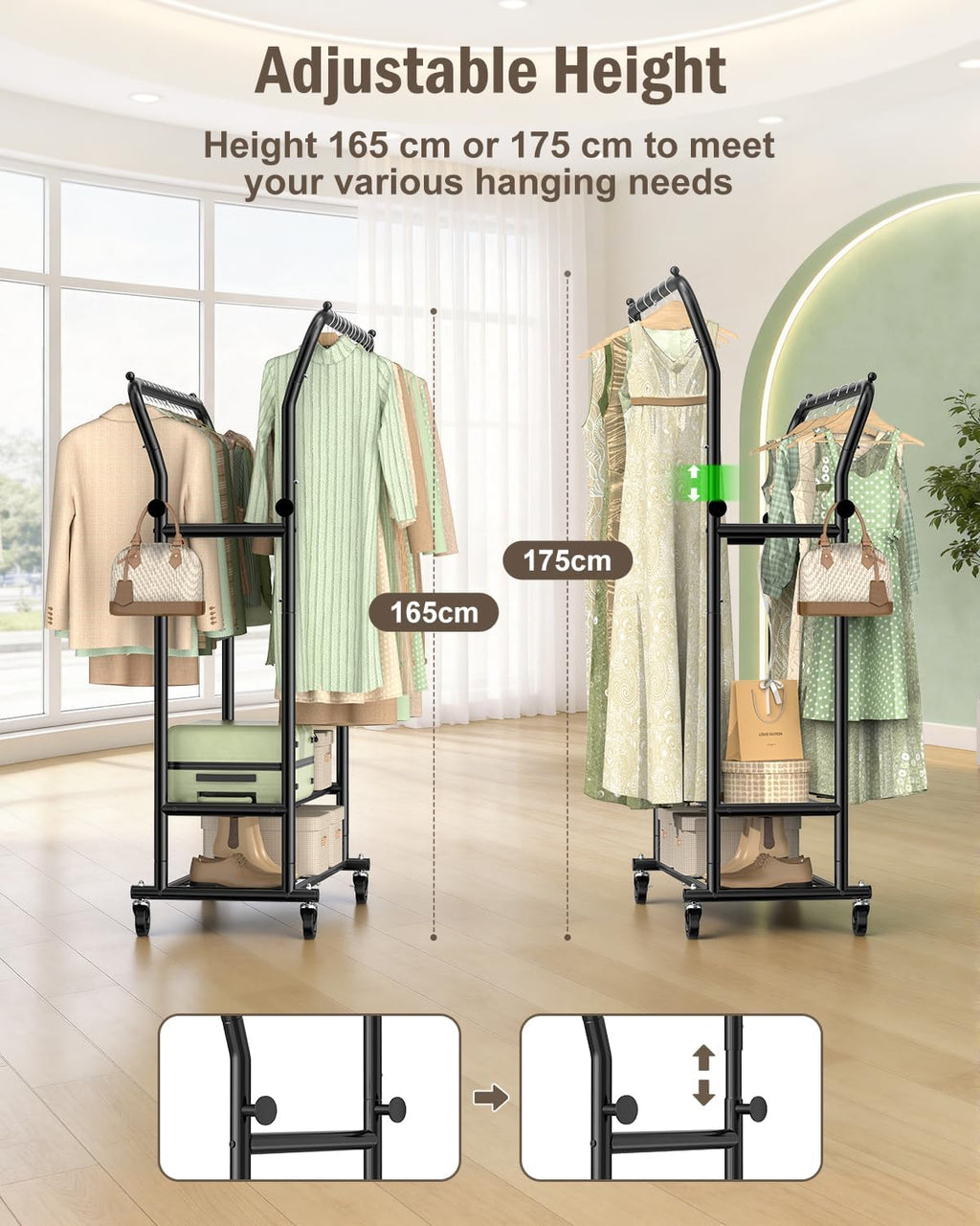 EAGMAK Heavy Duty Clothes Rail Load 378 kg, Double Rods Clothing Rails on Wheels, Height Adjustable Hanging Rack with Shelves & Coat Hooks, Portable Metal Standing Wardrobe for Bedroom Laundry, Black