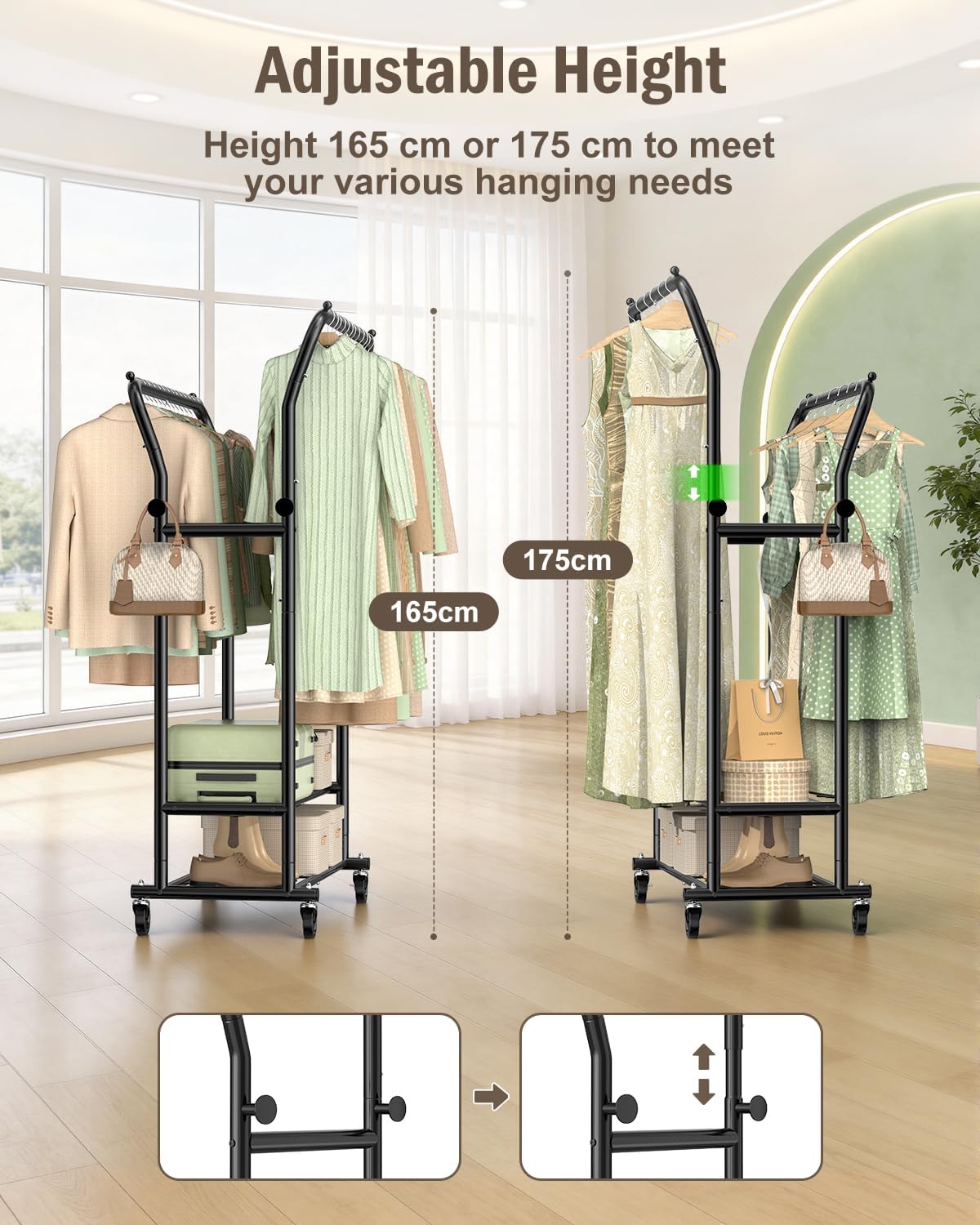 EAGMAK Heavy Duty Clothes Rail Load 378 kg, Double Rods Clothing Rails on Wheels, Height Adjustable Hanging Rack with Shelves & Coat Hooks, Portable Metal Standing Wardrobe for Bedroom Laundry, Black