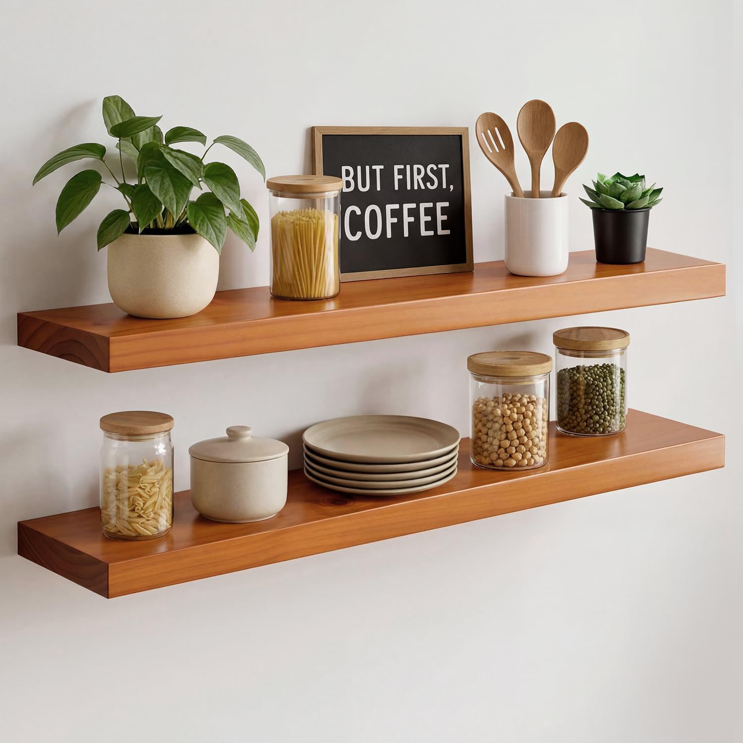 Homeforia White Floating Shelves 24 inch, High End Solid Real Wood 24inch Bathroom Floating Shelf for Wall Mounted, White Wooden 24in Floating Shelves, Heavy Duty Bracket, 24 X 6.5 X 1.75 in, Set of 2