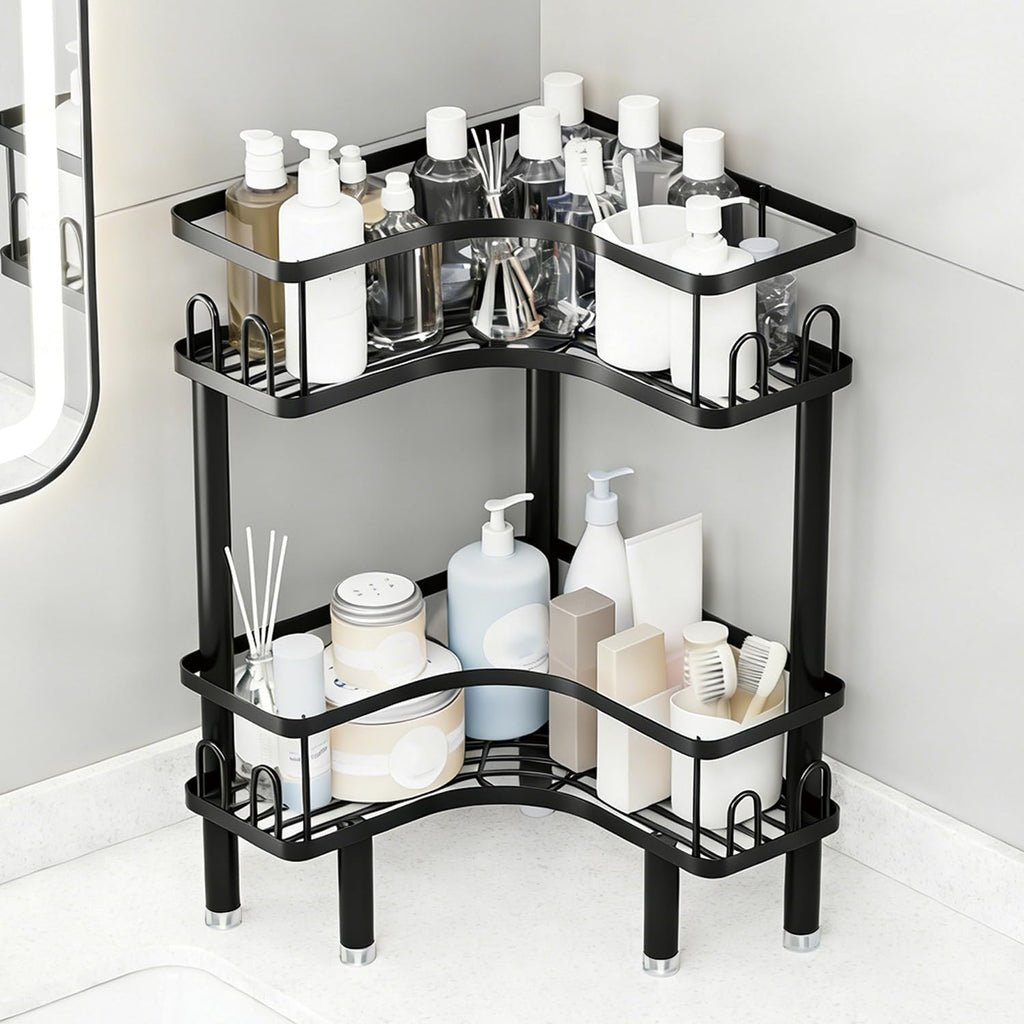 Free Standing 2 Tier Shower Caddy with 4 Hooks on Each Shelf Waterproof Corner Organizer Corner for Bathroom Kitchen Large Capacity Shower Rack (White)