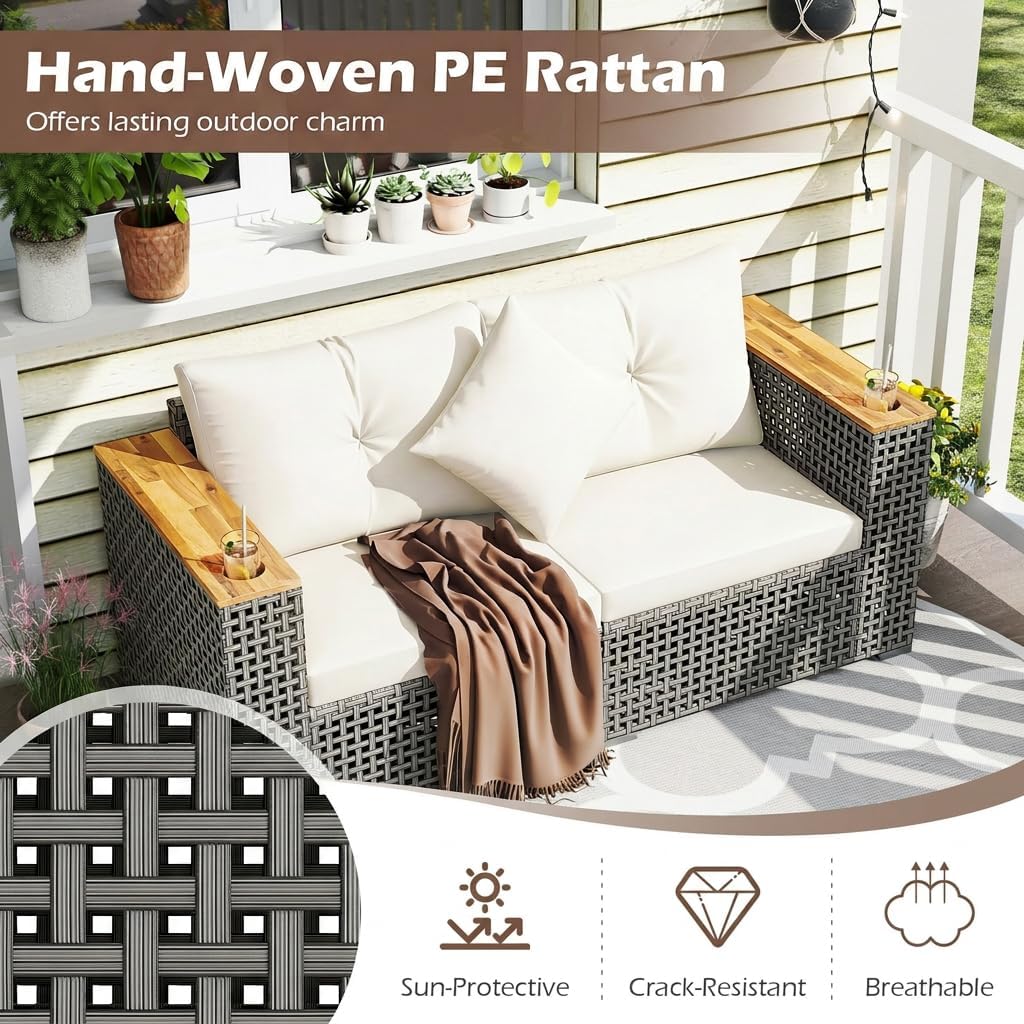 Multigot 2-Seater Garden Rattan Sofa, Outdoor Sectional Corner Sofa Set with Thick Cushions and Armrests, All-Weather Patio Wicker Leisure Loveseat Porch Seating Bench for Backyard Balcony