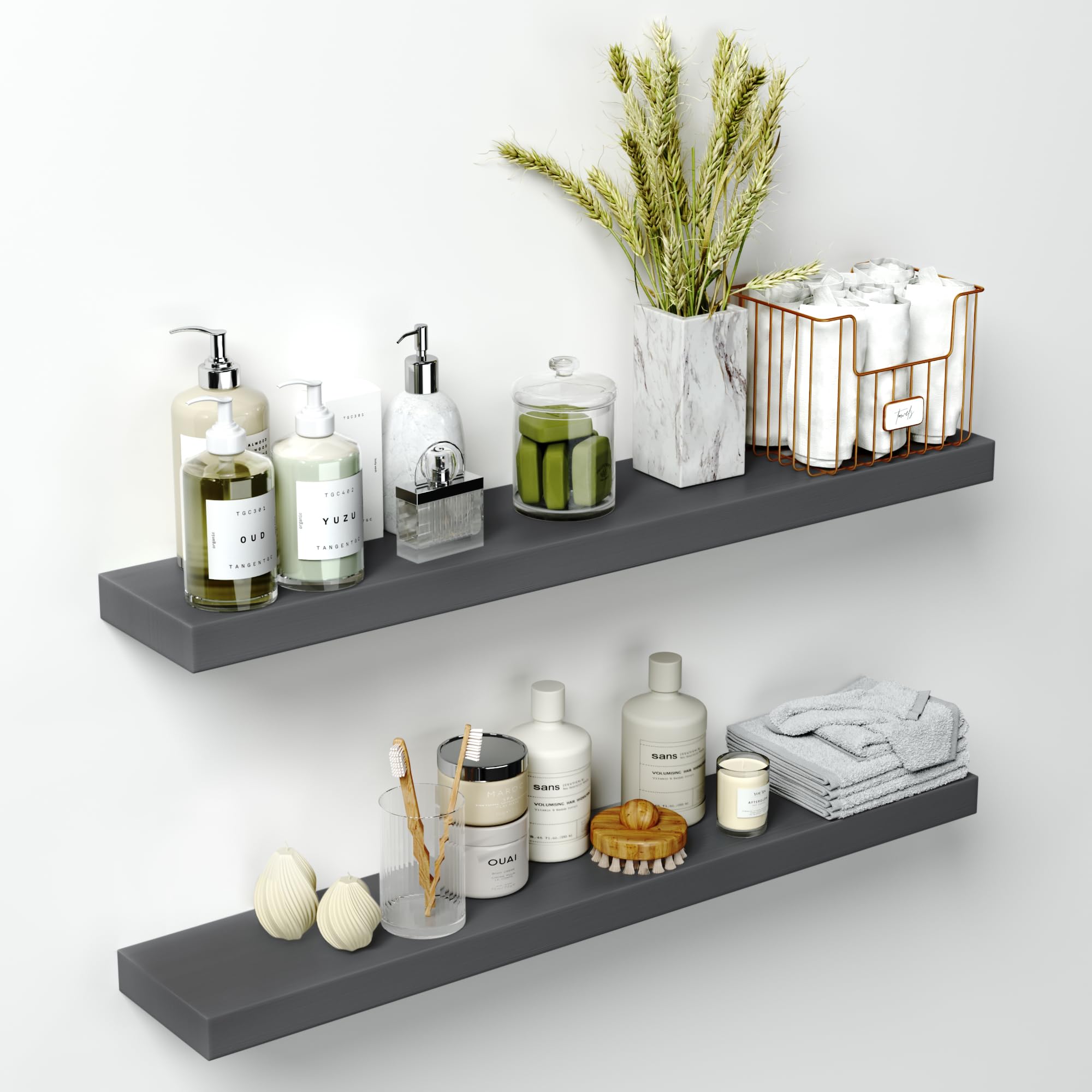 Homeforia White Floating Shelves 24 inch, High End Solid Real Wood 24inch Bathroom Floating Shelf for Wall Mounted, White Wooden 24in Floating Shelves, Heavy Duty Bracket, 24 X 6.5 X 1.75 in, Set of 2