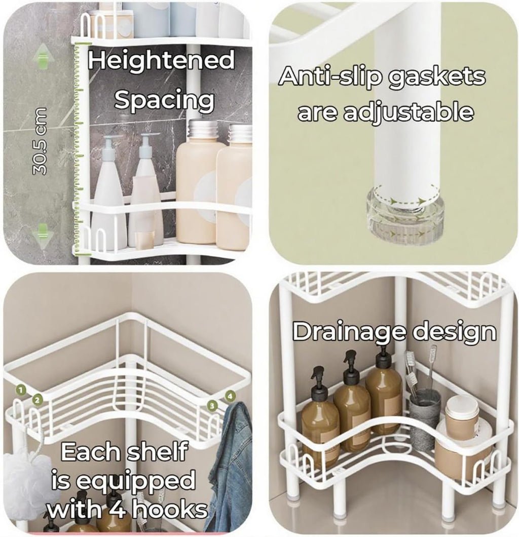 Free Standing 2 Tier Shower Caddy with 4 Hooks on Each Shelf Waterproof Corner Organizer Corner for Bathroom Kitchen Large Capacity Shower Rack (White)