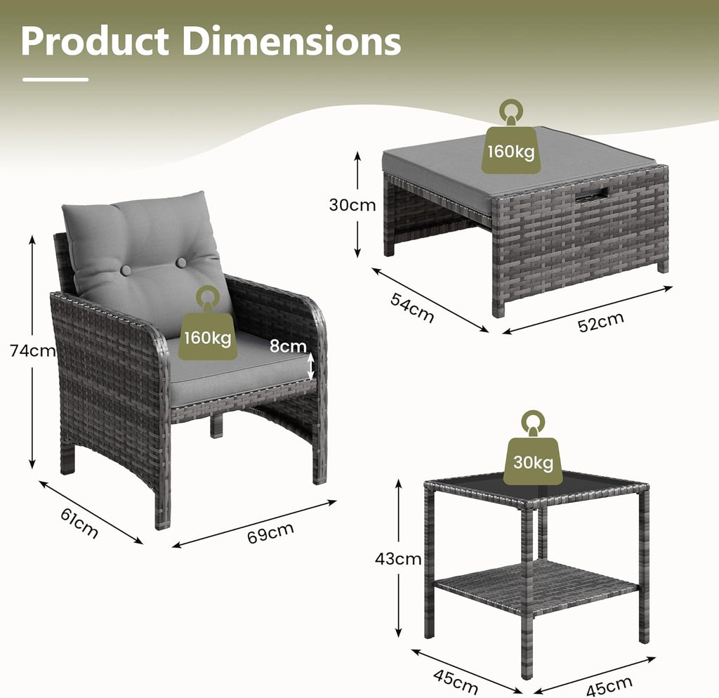 5-Piece Grey PE Rattan Patio Set with Ottomans, Coffee Table & Thick Cushions for Garden Balcony