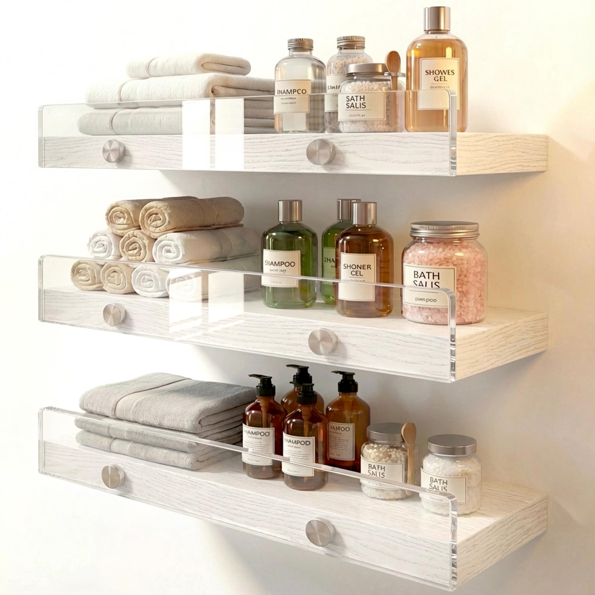 Wood Floating Shelves with Acrylic Front Lip, Rustic Shelf 15.7 inch, Floating Shelf for Wall Mounted Set of 3, Wide Wooden Wall Shelves for Living Room Bedroom Kitchen Bathroom, Brown, 15.7W x 5.8D