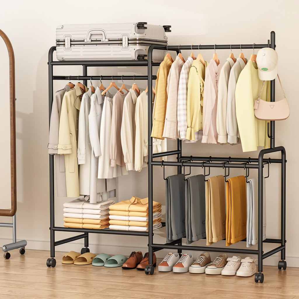 Heavy Duty Clothes Rail with Wheels, 125KG Metal Clothing Rack with Trouser Rack, Top Shelf, 4 Hooks & 5 Trouser Hangers, Sturdy Wardrobe Clothes Rail for Bedroom Hallway Shop, Black