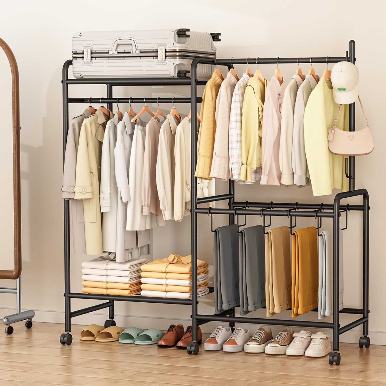 Heavy Duty Clothes Rail with Wheels, 125KG Metal Clothing Rack with Trouser Rack, Top Shelf, 4 Hooks & 5 Trouser Hangers, Sturdy Wardrobe Clothes Rail for Bedroom Hallway Shop, Black