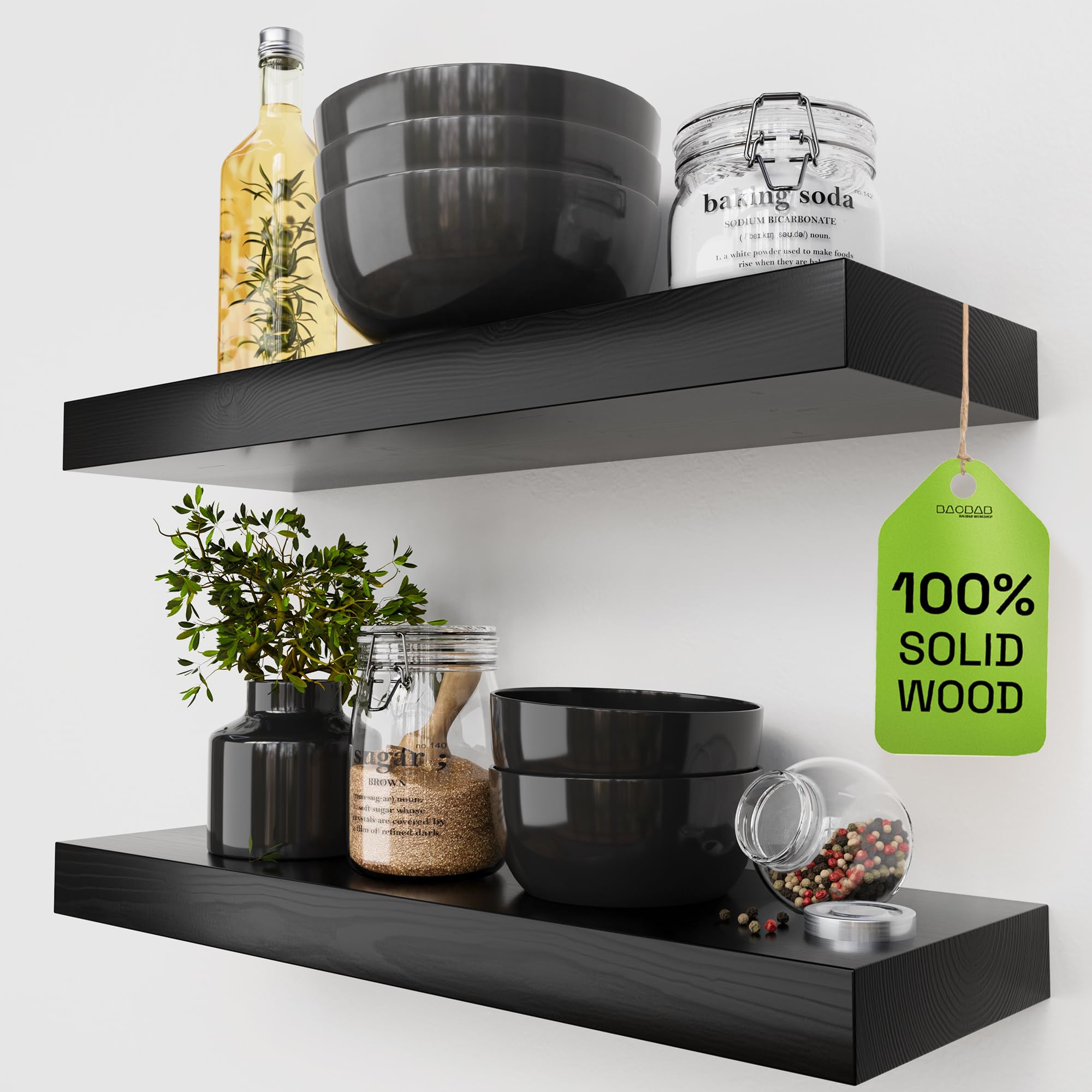BAOBAB WORKSHOP Wood Floating Shelves for Wall Mounted, 16 inch Walnut Floating Shelf for Bathroom, Solid Wooden Wall Shelves for Kitchen Bedroom Farmhouse, Walnut Finish, 16 x 6.7, Set of 2