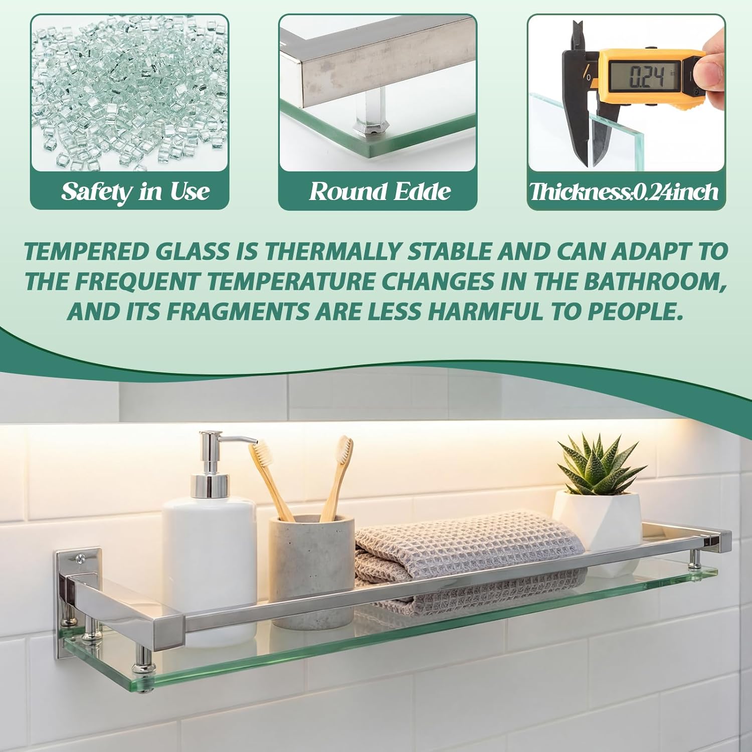 Cinnvoice 3 Pack 20 Inch Glass Bathroom Shelves for Wall, Wall Mount Glass Shelves with Stainless Steel Rail, Modern Floating Bathroom Shelf Organizer, Rectangular Room Decor for Sink, Over Toilet