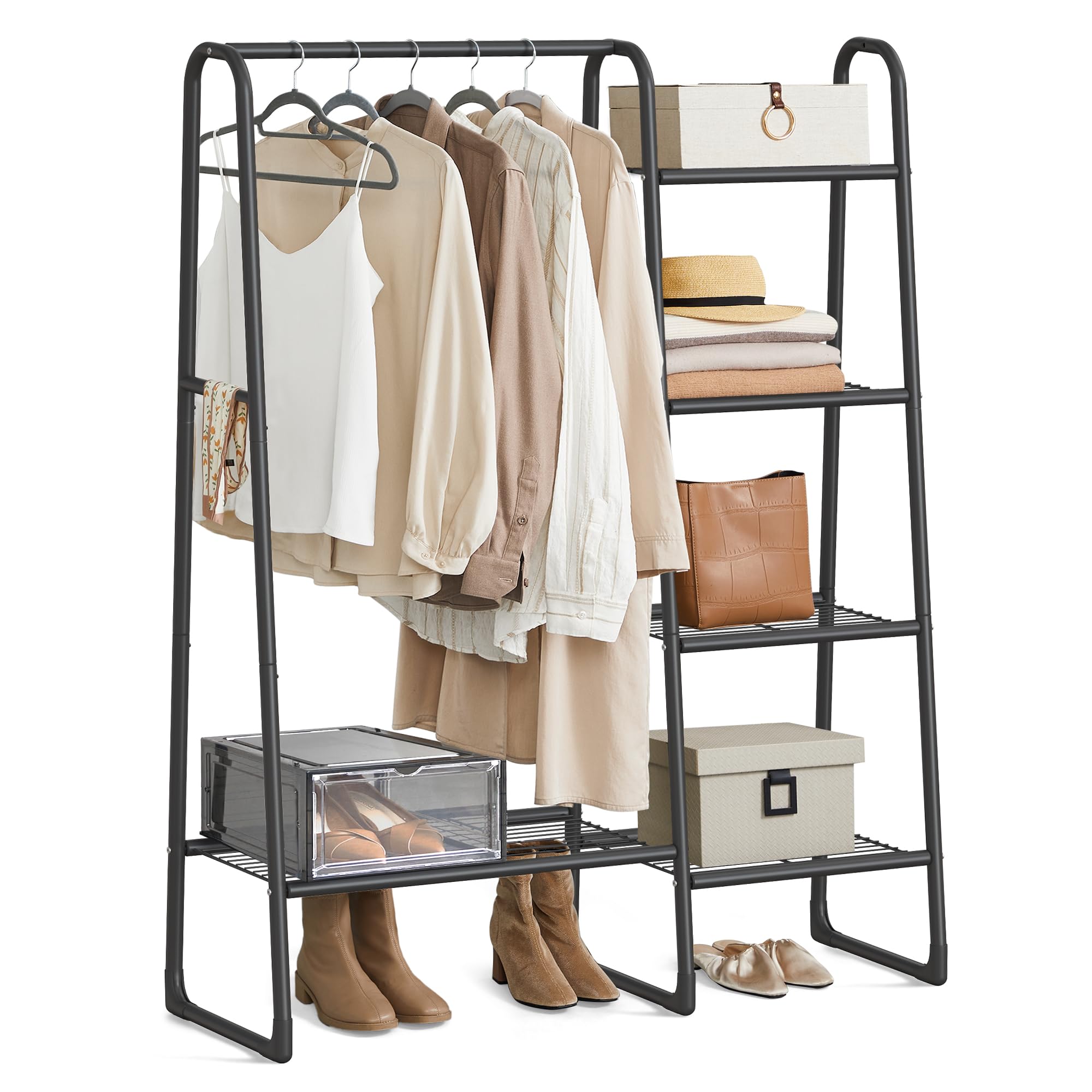SONGMICS Clothes Rail, Heavy Duty Clothes Rack with 7 Storage Shelves, Double Hanging Rods, Metal Coat Rack, Open Wardrobe for Bedroom, Living Room, Hallway, Black HSR182B01