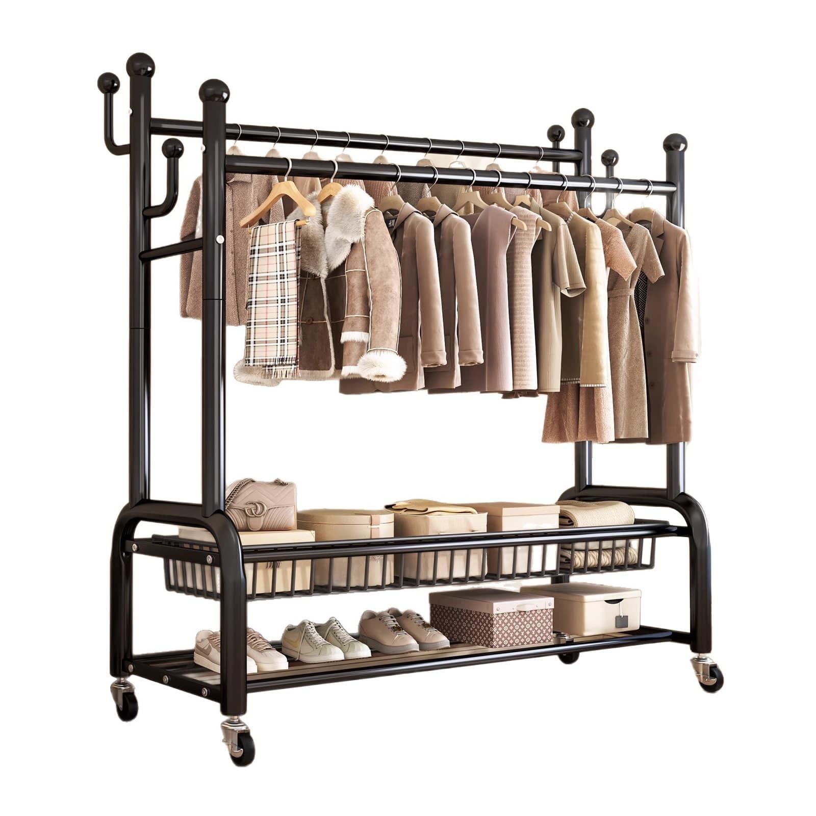 Heavy-Duty Clothes Rail for Bedroom, Double Wardrobe Rail with 4 Hooks, Lockable Metal Wheels, Shoe Rack & Detachable Storage Shelves, Clothing Rack for Laundry Shop Bedroom (White)