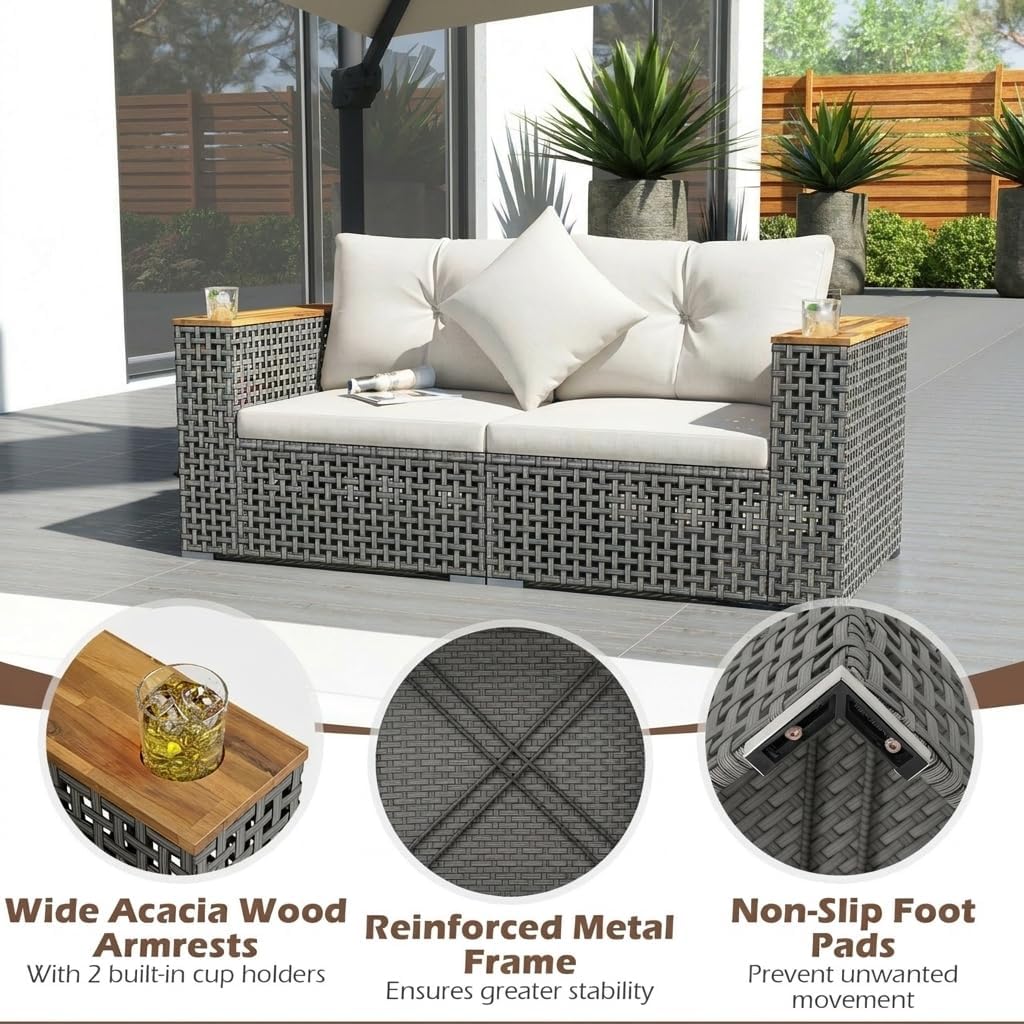Multigot 2-Seater Garden Rattan Sofa, Outdoor Sectional Corner Sofa Set with Thick Cushions and Armrests, All-Weather Patio Wicker Leisure Loveseat Porch Seating Bench for Backyard Balcony