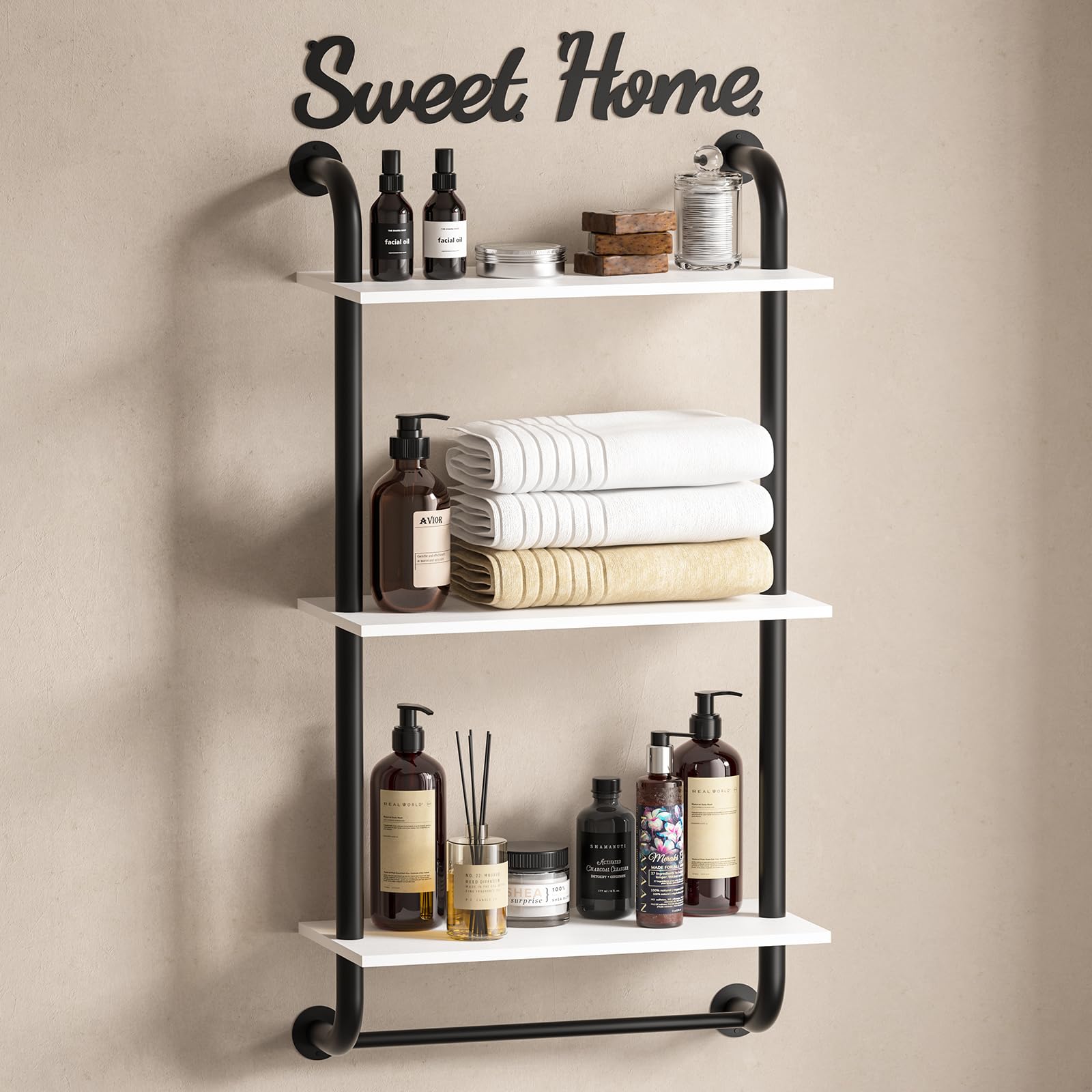 Tinpin Bathroom Shelves Wall Mounted, Rustic Farmhouse Pipe Shelves, 2-Tier, Industrial Shelving Over Toilet, Floating Shelf Decor for Bathroom, Kitchen, Bedroom, Living Room 17.3 inch