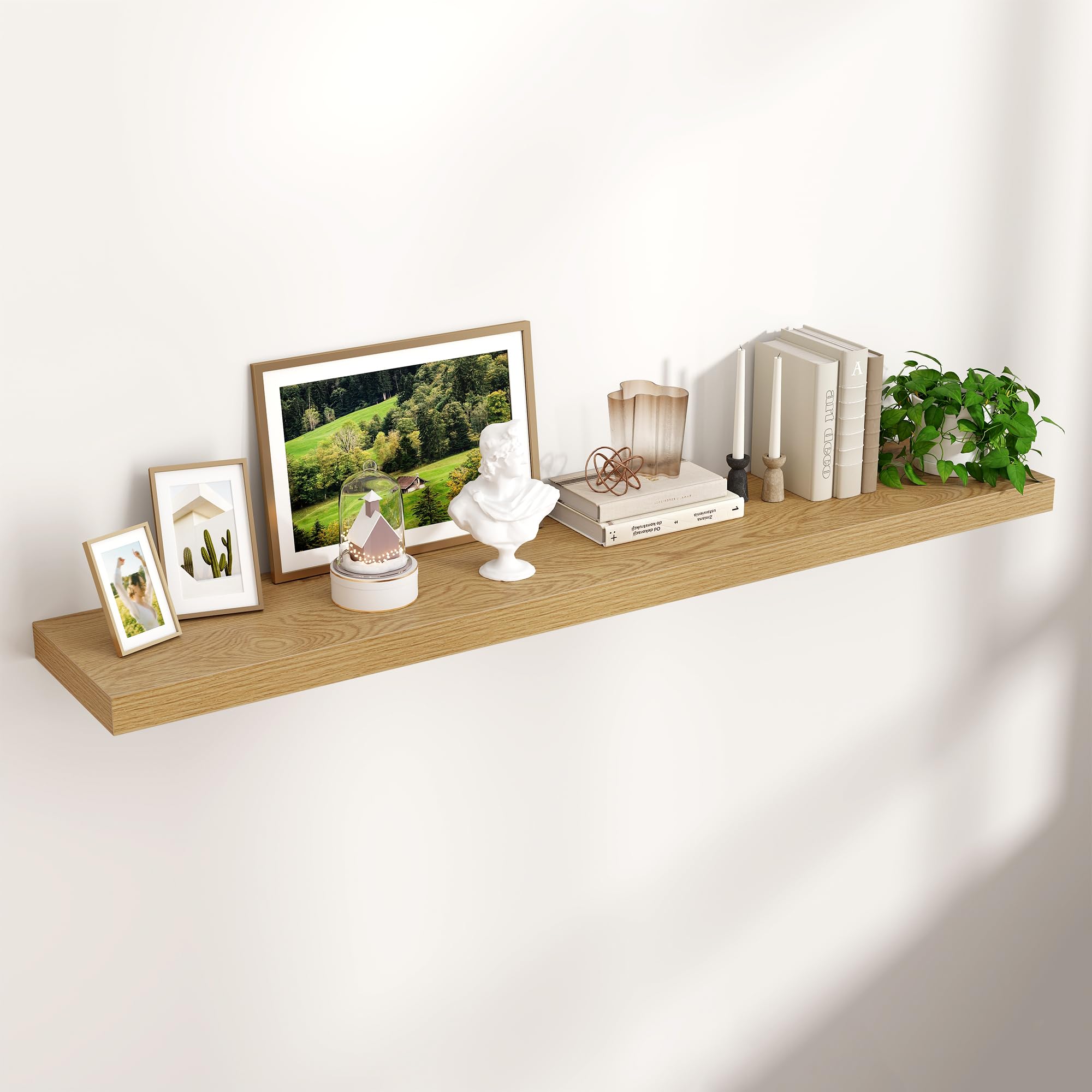 Venusmiles Floating Shelves for Wall 24 inch Long, Engineered Wood Wall Shelves with Invisible Brackets for Living Room Bedroom Bathroom Office Kitchen Decor and Storage, Oak Finish, Set of 2