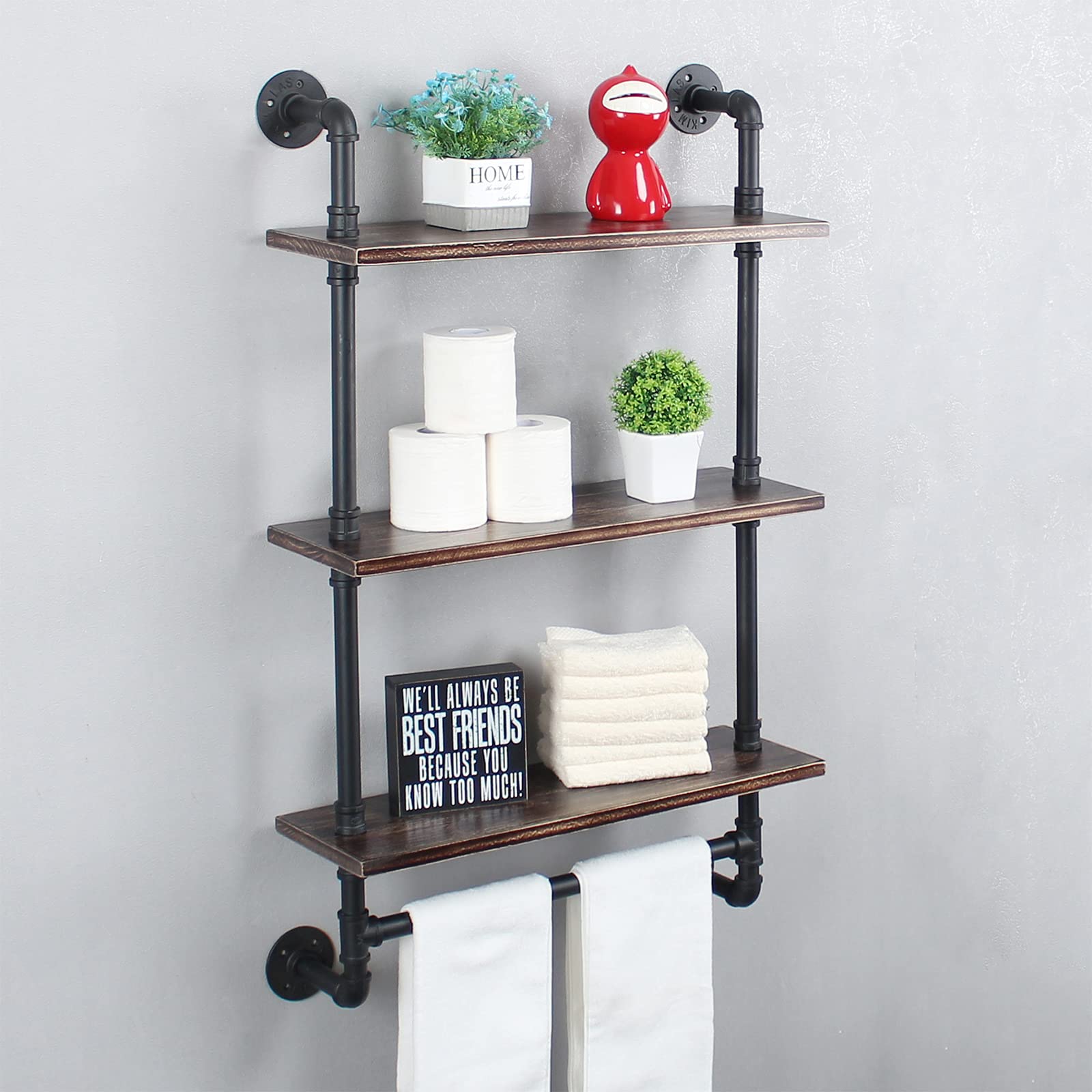 MBQQ Shelving Bathroom Pipe Shelves with Towel Bar Over Toilet, 24 inch Pine Wood Floating Shelves for Wall Mounted Bedroom,Kitchen, Farmhouse, Living Room