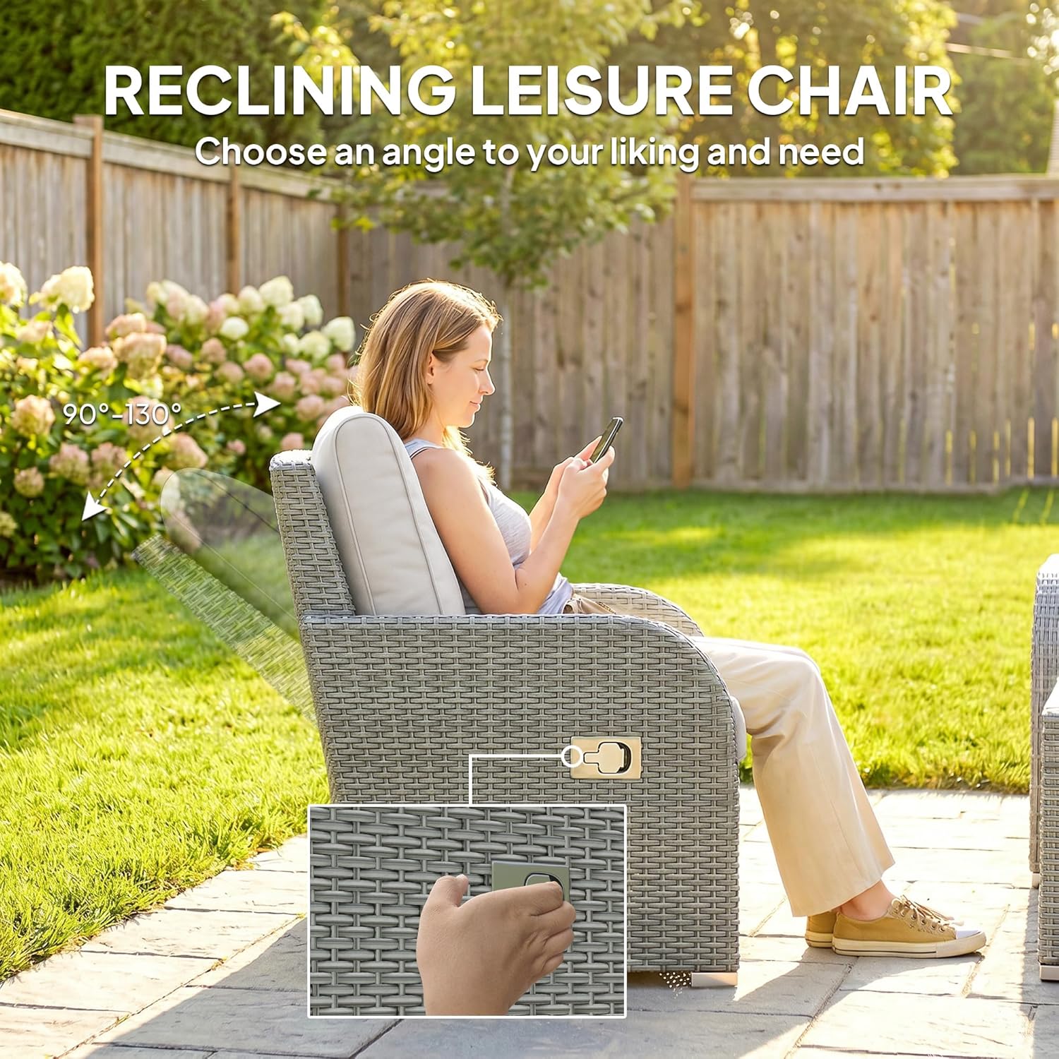 Outsunny 7 Seater Rattan Garden Furniture Set, 2 Reclining Chairs, 3 Seater Sofa, Coffee Table, Footstools, Space-Saving 6 Piece Outdoor Patio Furniture Conversation Set with Cushions, Light Grey