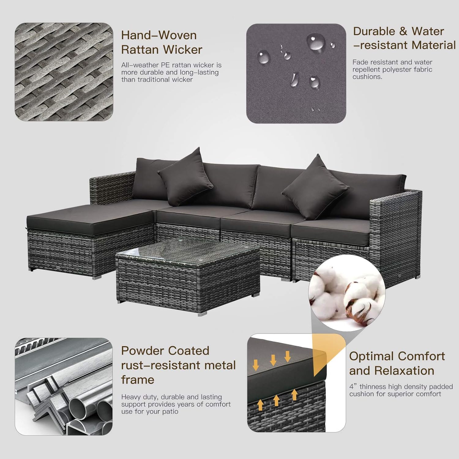 Outsunny 6 Pieces Rattan Garden Furniture Set, 5 Seater Sectional Garden Corner Sofa Set with Glass Top Coffee Table, Cushions and Pillows, All-Weather Wicker Conversation Furniture, Grey
