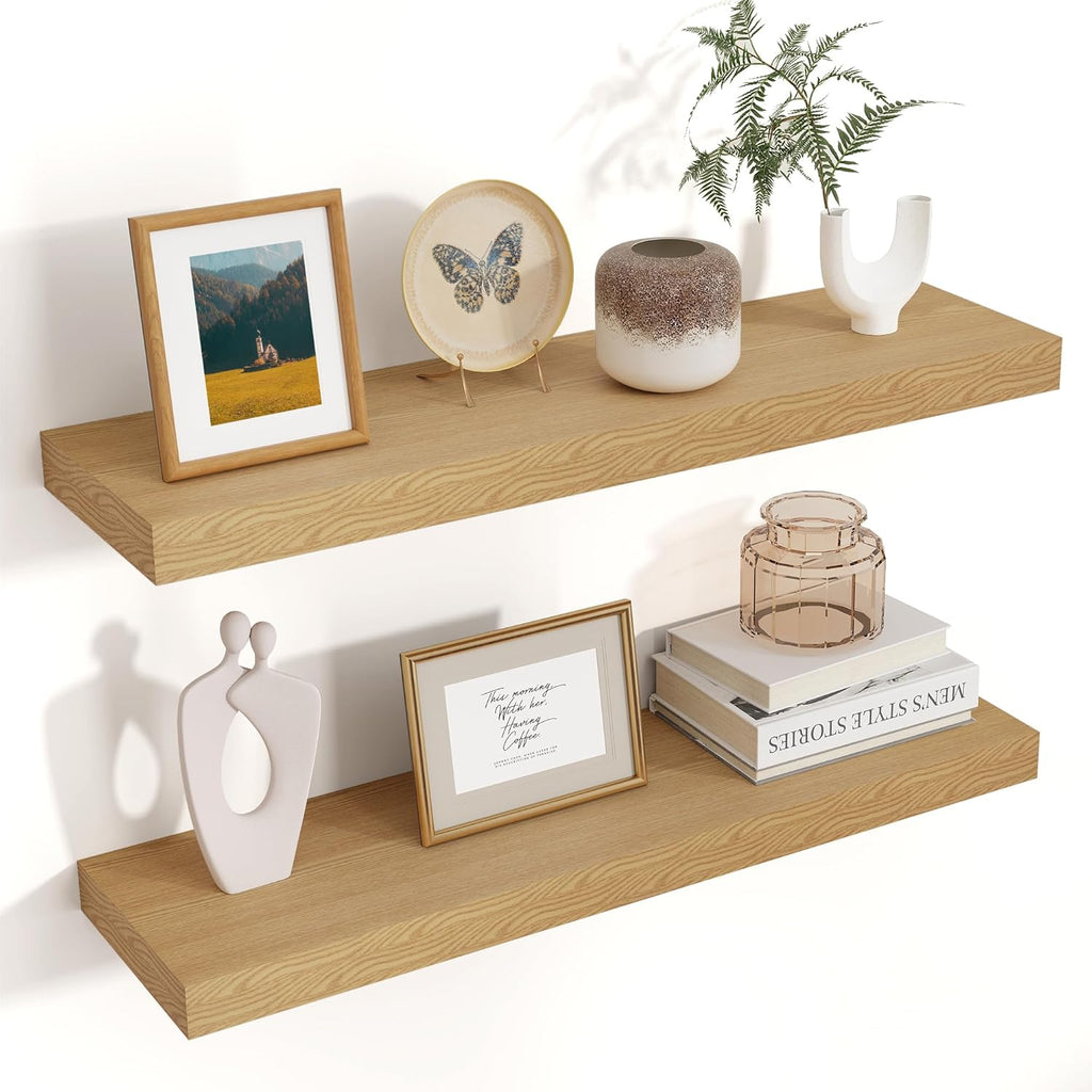 Venusmiles Floating Shelves for Wall 24 inch Long, Engineered Wood Wall Shelves with Invisible Brackets for Living Room Bedroom Bathroom Office Kitchen Decor and Storage, Oak Finish, Set of 2
