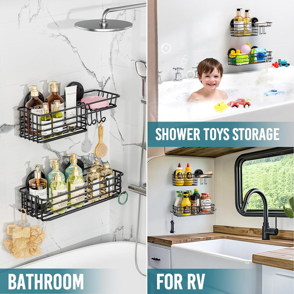 TAILI 2 Pack Rustproof Suction Shower Caddy, Stainless Steel Suction Cup Shower Caddy Bathroom Shelves No Drilling Heavy Duty Holder Removable Powerful Bathroom for Shampoo Toiletries Kitchen, Black