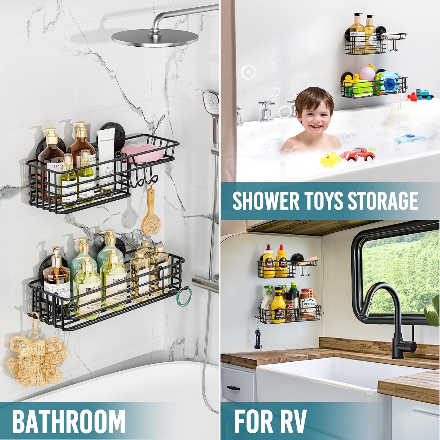 TAILI 2 Pack Rustproof Suction Shower Caddy, Stainless Steel Suction Cup Shower Caddy Bathroom Shelves No Drilling Heavy Duty Holder Removable Powerful Bathroom for Shampoo Toiletries Kitchen, Black