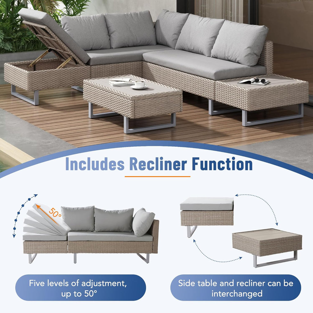 Mixed Khaki Rattan Corner Sofa Set,Industrial Style,with Coffee Table,Garden Furniture Set,Anti-UV Cushions Removable Covers,Khaki