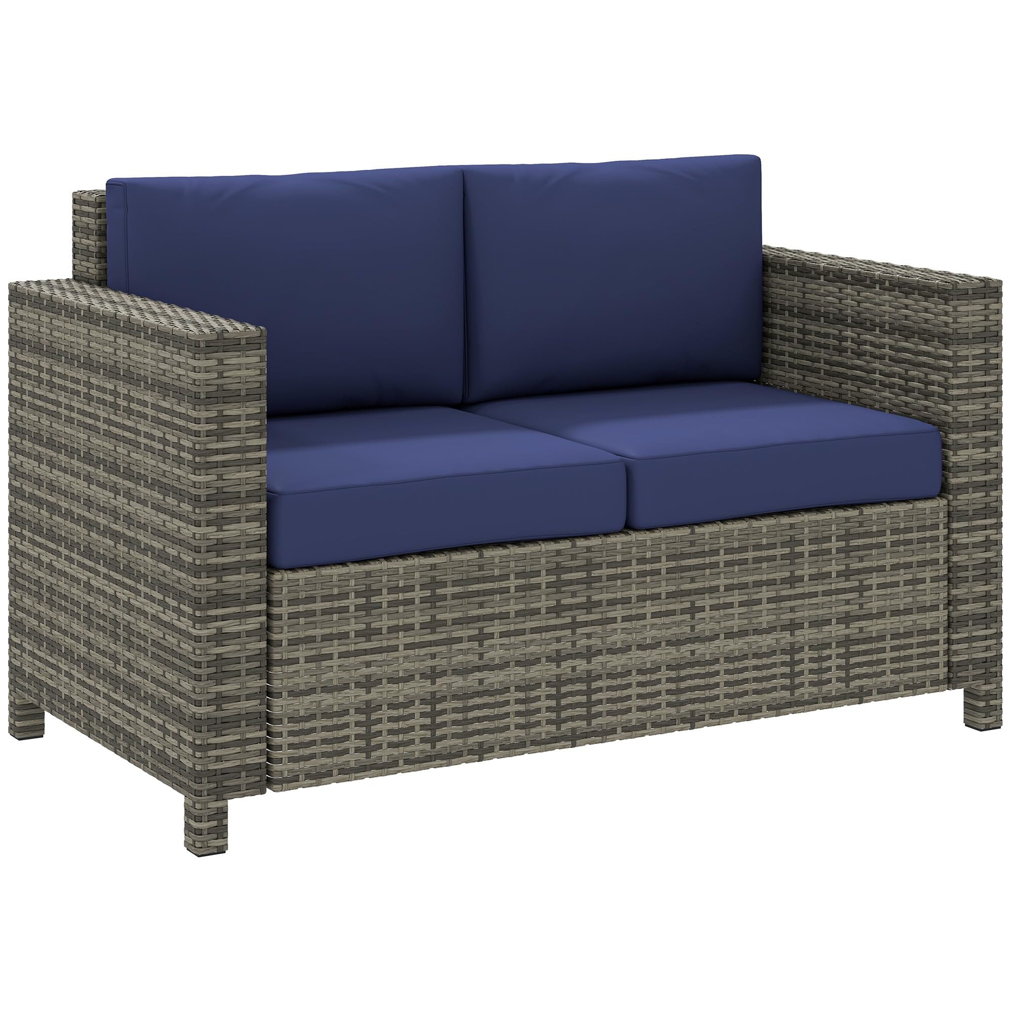 Outsunny Rattan Sofa, 2 Seater Garden Furniture with Soft Padded Cushion and Armrests, Wicker Garden Loveseat for Patio, Mixed Grey