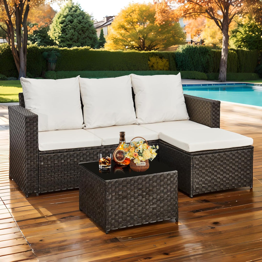 3-Piece Rattan Garden Furniture Set, Outdoor Sectional Sofa with Coffee Table, Black Wicker, White Cushions