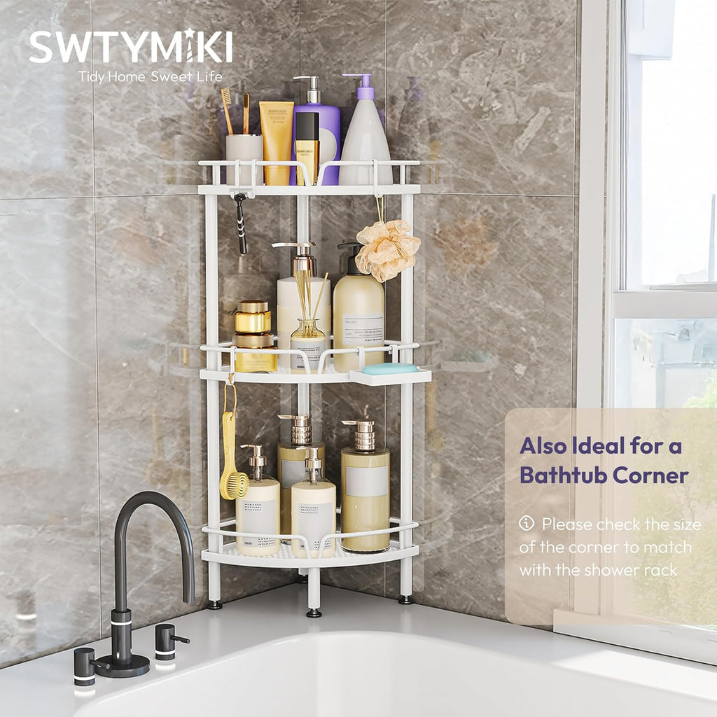 SWTYMIKI Corner Shower Caddy - 3 Tier Shower Corner Shelf Organizer with 4 Hooks, Rust-Free Freestanding Caddy with Soap Holder, Storage Rack for Bathroom, White