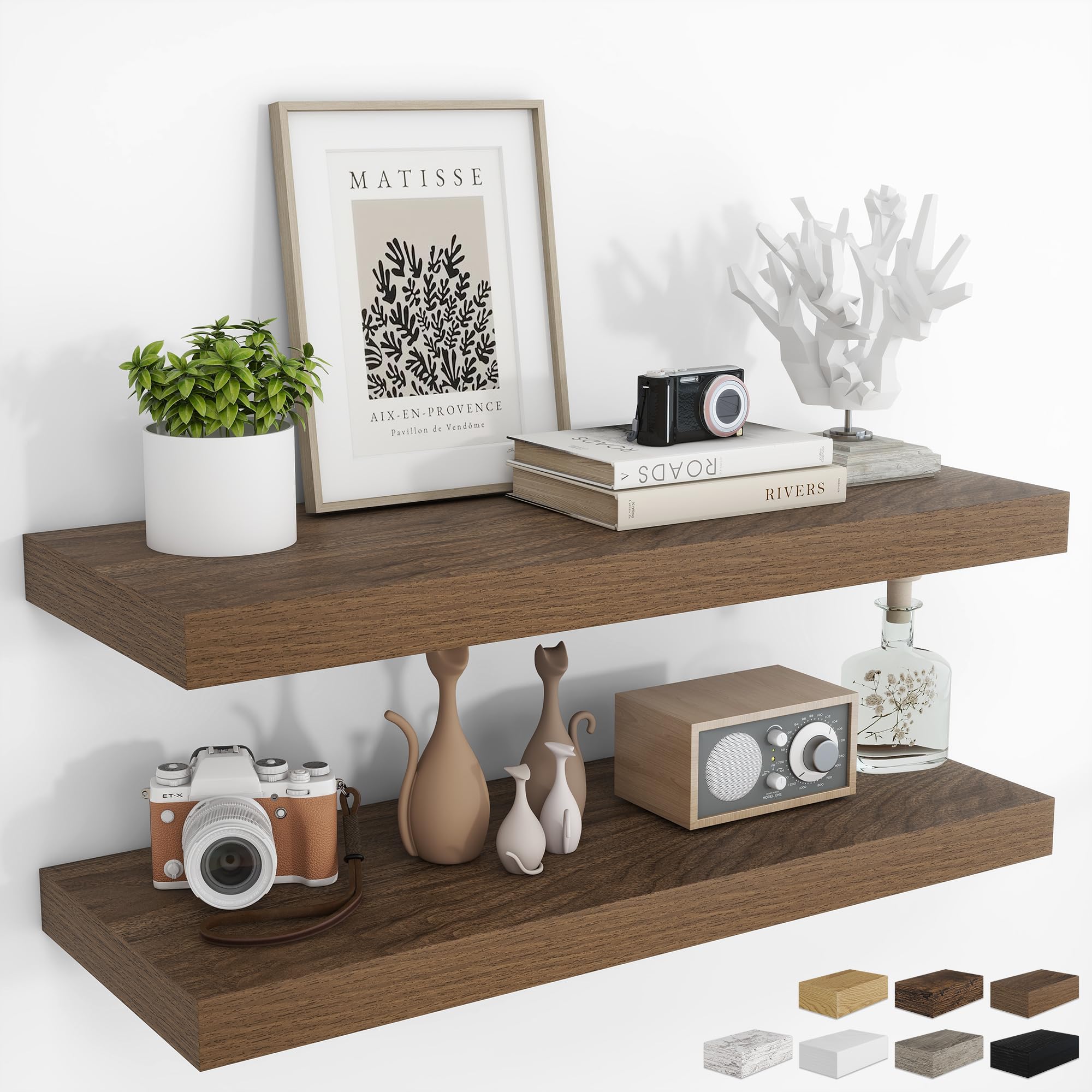 RICHFOCUS 24Inch Floating Shelves for Wall 2 Pack Shelves for Bedroom|Kitchen|Bathroom Wall Mounted Rustic Wood Floating Shelf with Invisible Brackets for Books|Storage|Decor, Oak