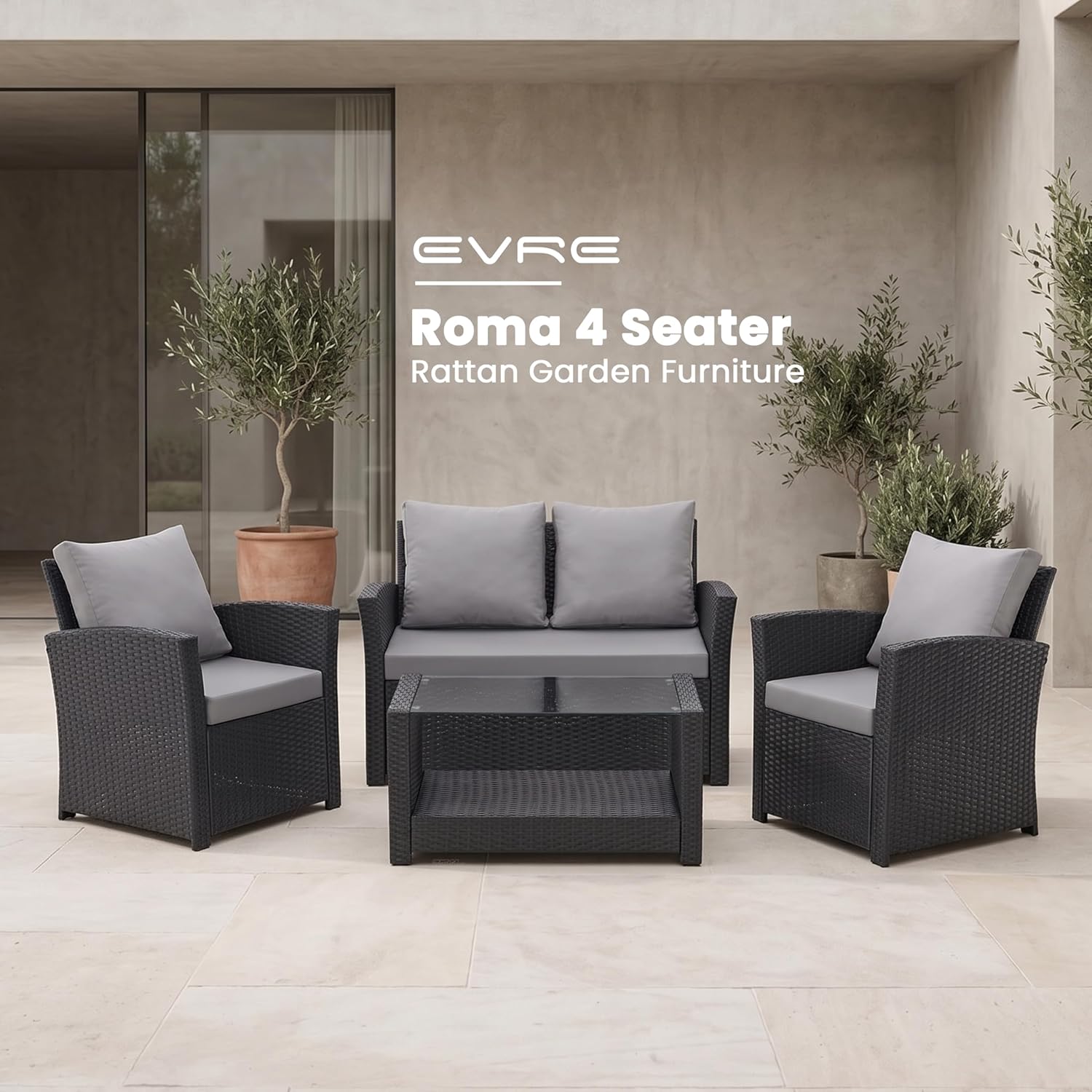EVRE 4 Seater Rattan Garden Conservatory Patio Furniture Sofa Armchair Roma Set with Glass Top Coffee Table Wicker Weave Sofa and Cushions (Black)