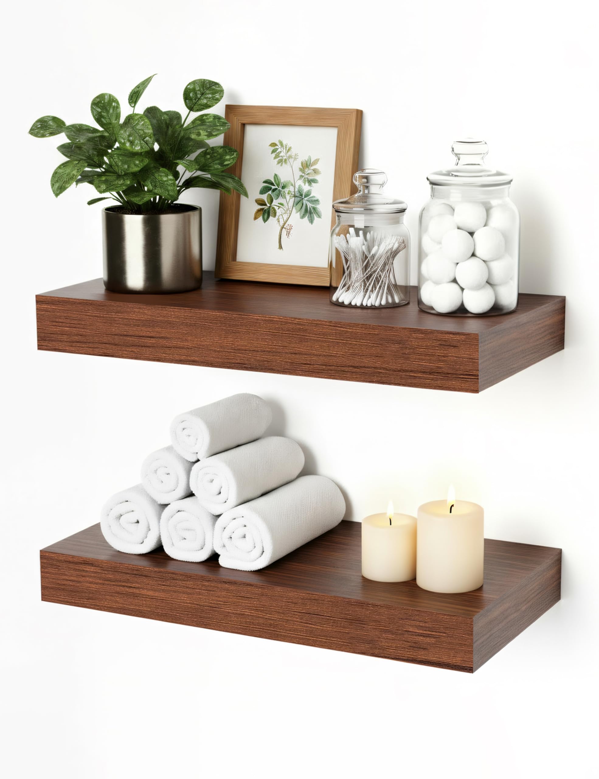 Oak Floating Shelves for Bathroom & Living Room Decor, 24 Inch Rustic Wood Wall Mounted Shelves for Plants, Books, Towels & Storage Display, Set of 2